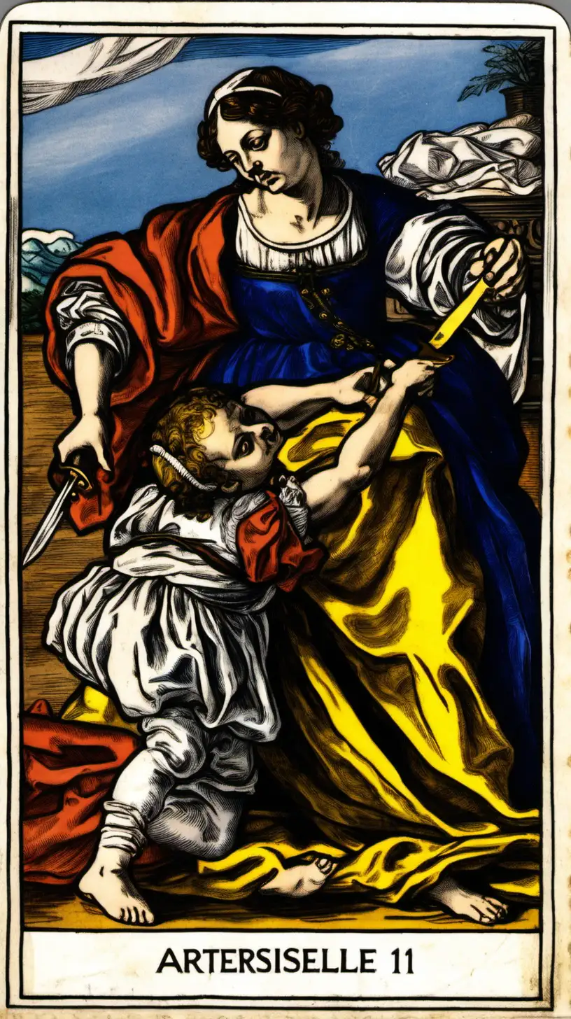 A Tarot card from the Marseille deck holding the number 11, depicts Artemisia Gentileschi as Judith slaying Holofernes with a knife