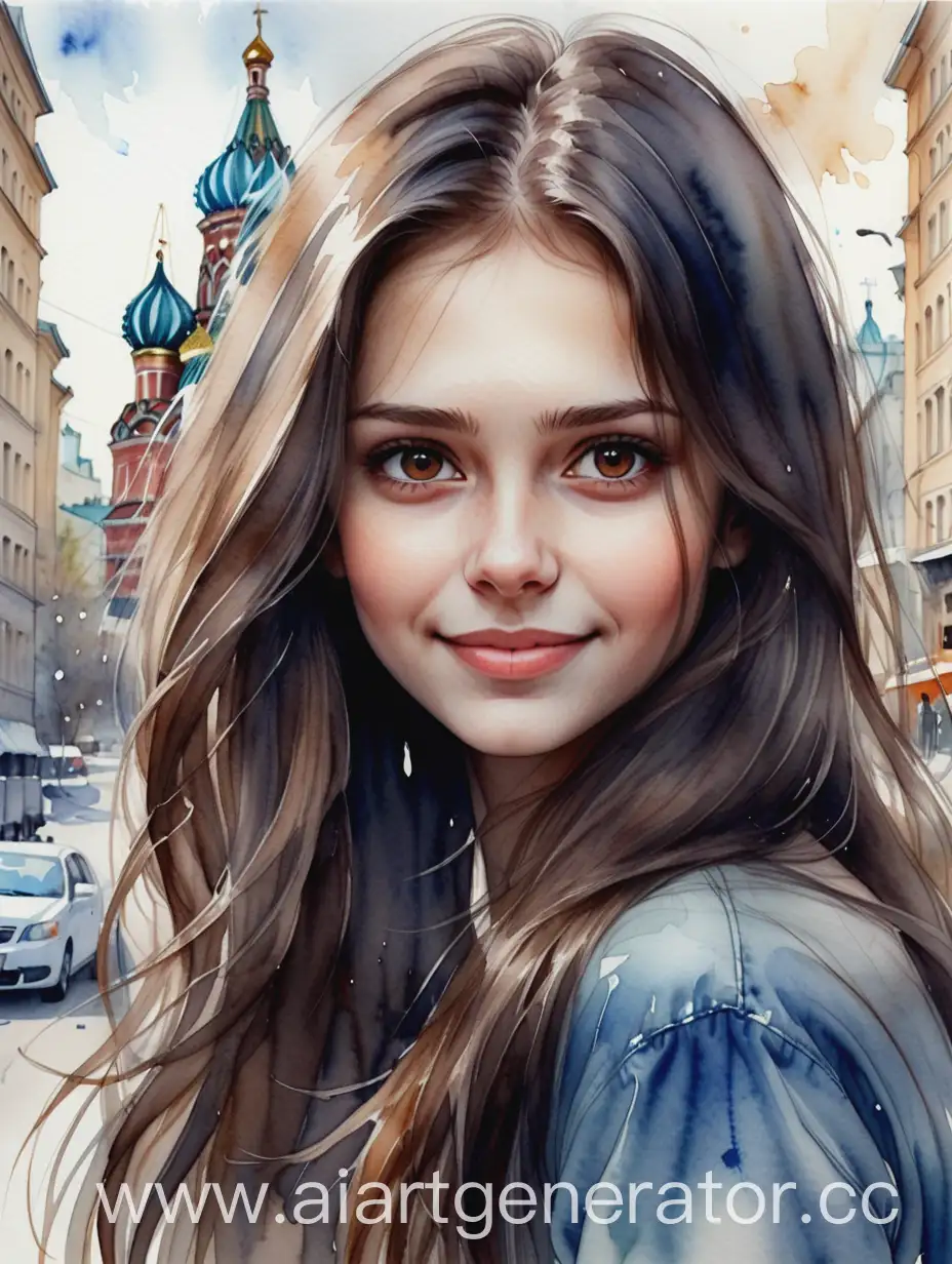 Прозрачная акварель, невероятно красивая русская девушка, тёмные длинные волосы, ветерок, на фоне шумного города, крупный план, карие глаза, едва заметная улыбка.