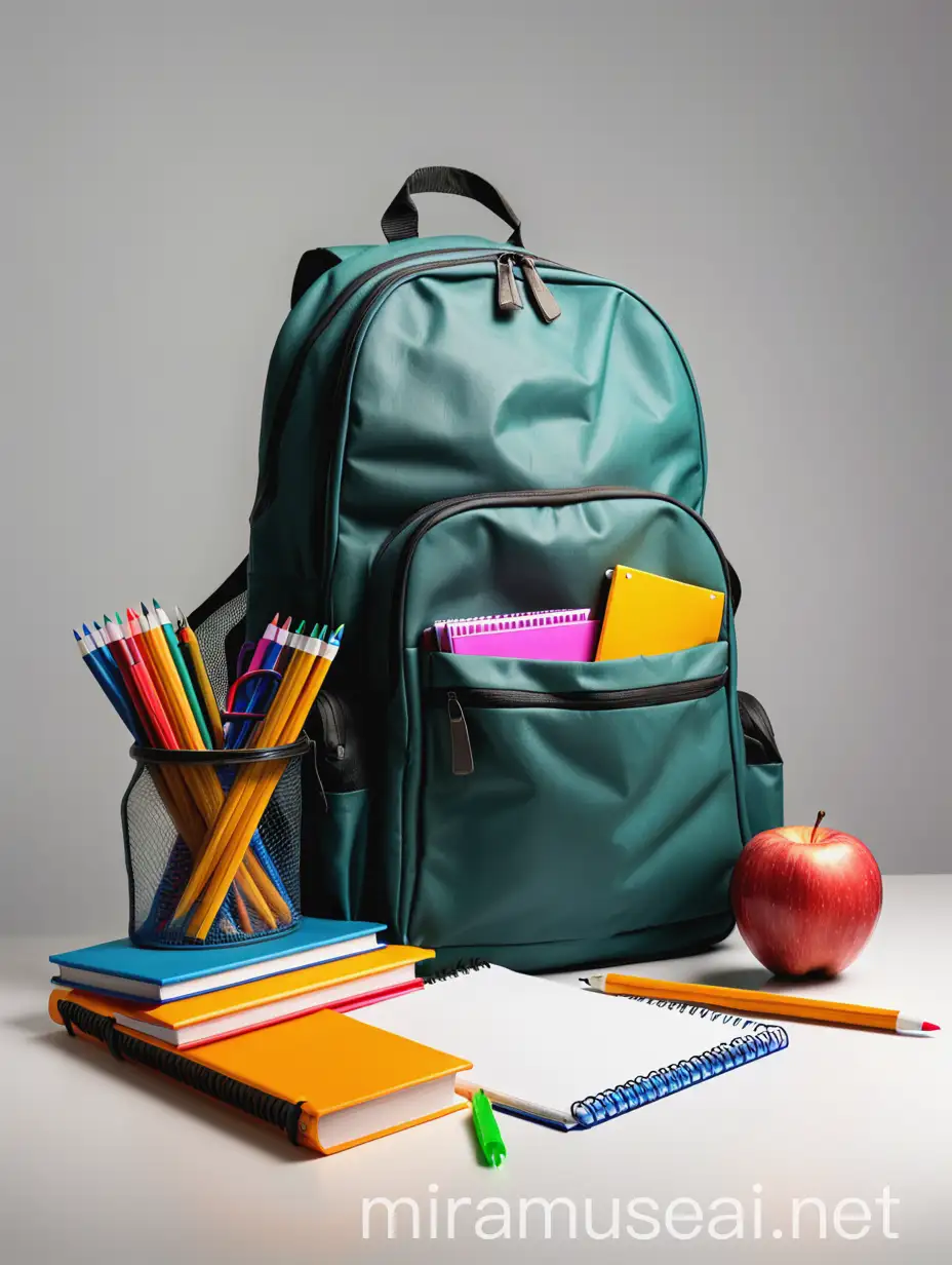 A study bag with study tools next to it, representing a return to school in an isolated background
