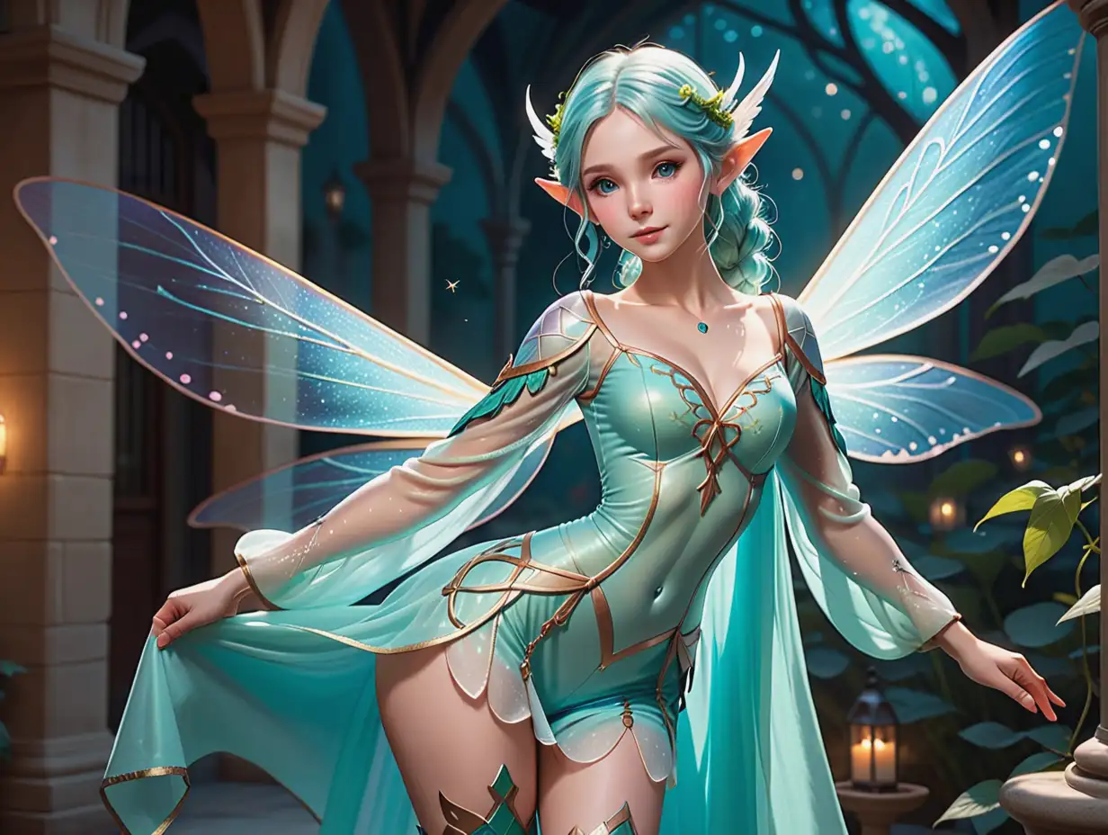 In the images provided, the character is presented in a full-length view, allowing us to see her from head to toe. She is a mature female figure with elf and fairy features, rendered in a style that blends 3D animation with a touch of fantasy.

Hair and Ears:

Her hair is pastel blue, cut into a stylish short bob that frames her face.
She has the characteristic pointed ears of an elf, sticking out slightly from the sides of her head.
Face:

Her face exhibits gentle and mature features, with large, expressive eyes that carry an anime inspiration, contributing to her ethereal charm.
Delicate twinkles resembling fairy dust decorate her left cheek, suggesting a magical aspect to her being.
Dress:

The dress is elegant, slightly translucent with fine floral and fae motifs, which give a sense of depth and intricacy to the garment.
It has long sleeves and is cinched at the waist, emphasizing her figure before extending into a soft, flowing skirt that ends just above the knees.
Wings:

A pair of large, translucent fairy wings emerge from her back, with a detailed structure that looks both delicate and strong.
The wings have a vein-like pattern, indicative of typical fairy wings, which adds to her fantastical appearance.
Boots:

Although not entirely visible, the outfit is completed with what appears to be light leather blue boots, which match the overall color scheme of her attire.
Background:

The character stands against a soft teal backdrop that features floating orbs of light, contributing to the magical and mystical theme of the image.
The lighting and bokeh effect in the background create a sense of depth and ambiance that complements the character's aesthetic.
