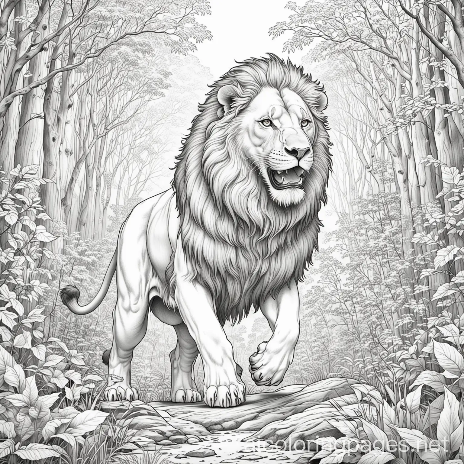 coloring book forest lion with action moment, Coloring Page, black and white, line art, white background, Simplicity, Ample White Space