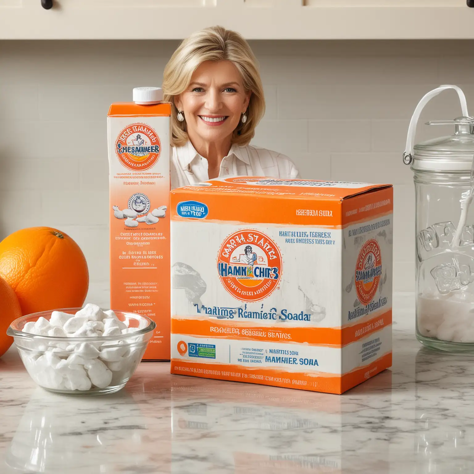 Orange arm and hammer baking soda box Next to Pyrex cup of white rocks on Martha Stewart cooking show, in front of Martha Stewart, Martha Stewart smiling