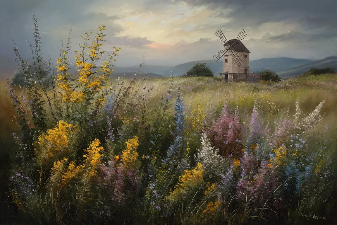Tranquil Rustic Landscape with Wildflowers Serene Oil Painting Scene