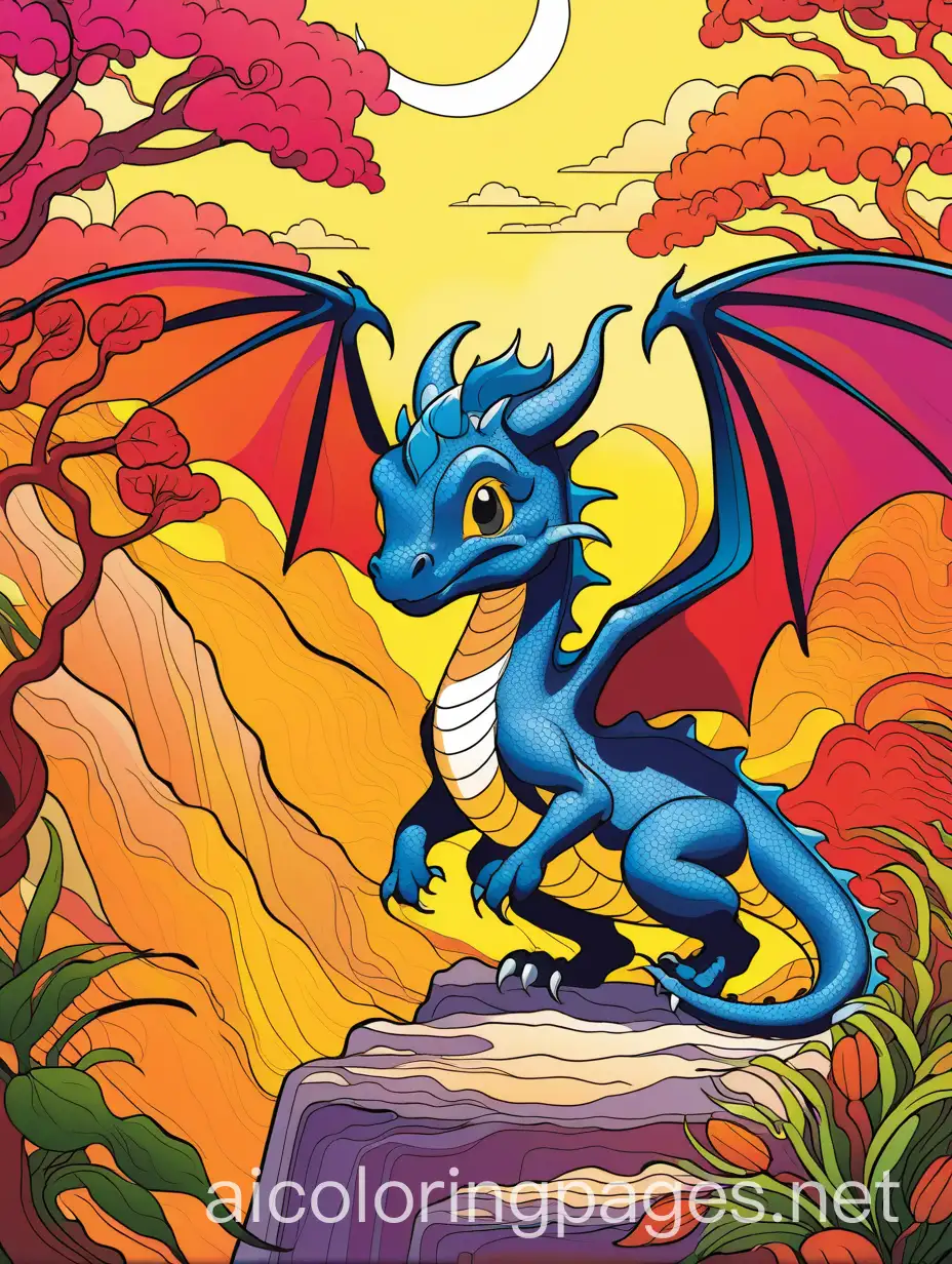 cute baby dragon book cover design  for a Coloring Pages book for kids, full colored Mark Brooks and Dan Mumford, comic book art, perfect, smooth in Gouache Style, Watercolor, Museum Epic Impressionist Maximalist Masterpiece, Thick Brush Strokes, Impasto Gouache, thick layers of gouache watercolors textured on Canvas, 8k Resolution, Matte Painting  Hyperrealistic, splash art, concept art, mid shot, intricately detailed, color depth, dramatic, 2/3 face angle, side light, colorful background , Coloring Page, black and white, line art, white background, Simplicity, Ample White Space. The background of the coloring page is plain white to make it easy for young children to color within the lines. The outlines of all the subjects are easy to distinguish, making it simple for kids to color without too much difficulty