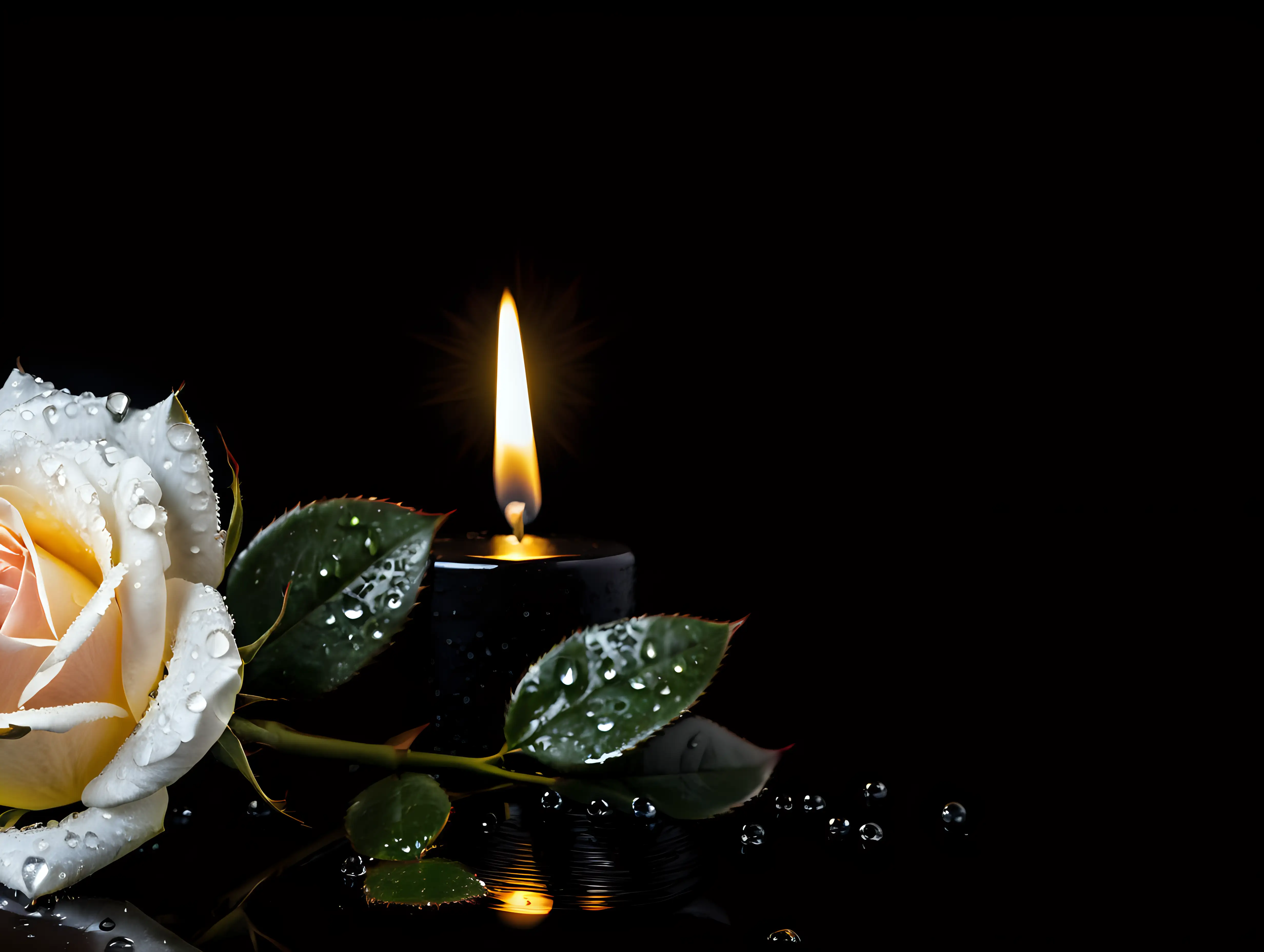Hyperrealistic RaindropCovered Rose with Candle on Black Background