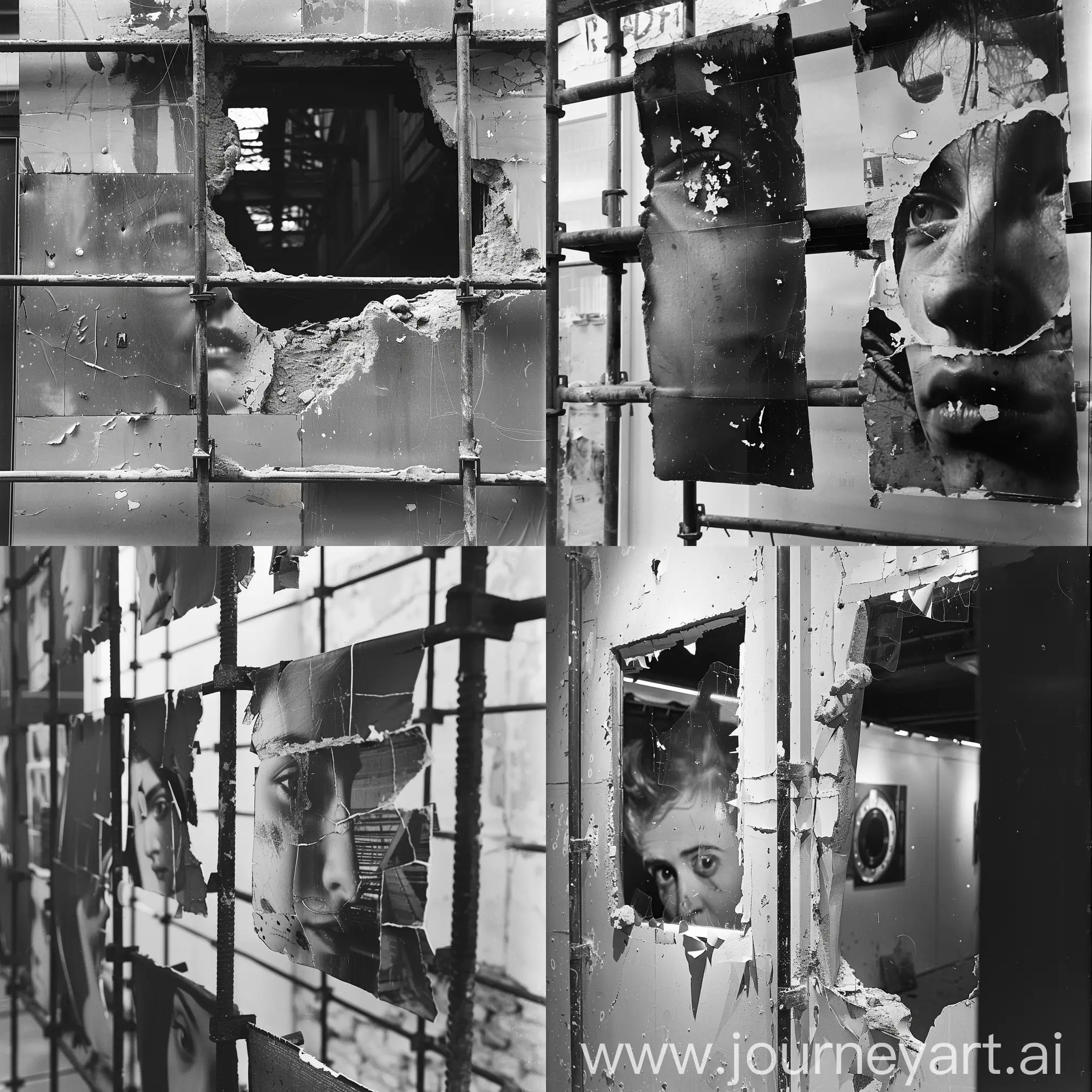 black and white analogue photo exhibition that the photos are in scaffolding and have some holes and tears on them and behide them some more photos can be seen through these holes
