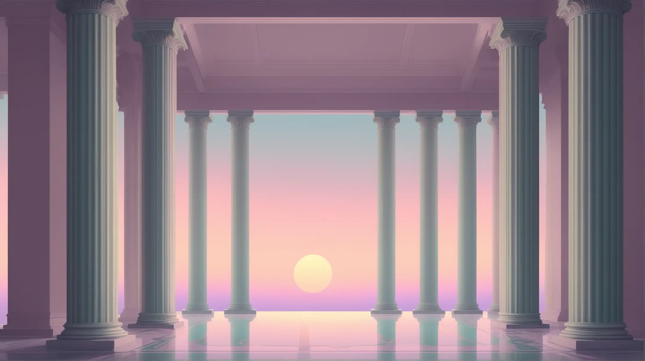 Pillars: The foreground of the image prominently features four classical Greek-style pillars, each crafted with meticulous detail in a minimalist style. The pillars are slim and elegant, with fluted shafts and capitals adorned with subtle geometric patterns.

Color Palette: The pillars are bathed in a palette of vibrant dark pastels. Imagine shades of deep teal, muted lavender, soft coral, and dusky olive green. These colors blend harmoniously, lending a modern twist to the classical architecture.

Background: Behind the pillars, the scene opens up to a serene landscape or an abstract backdrop. Soft gradients of similar pastel hues fill the background, adding depth and contrast to the pillars without overpowering their elegance.

Lighting: Soft, diffused lighting casts gentle highlights and shadows on the pillars, enhancing their texture and form. The light might suggest a peaceful sunrise or sunset ambiance, creating a tranquil and contemplative atmosphere.

Composition: The composition is balanced and symmetrical, with the pillars positioned equidistantly from each other. This symmetry reinforces the classical aesthetic while the contemporary color palette gives the scene a fresh and modern feel.