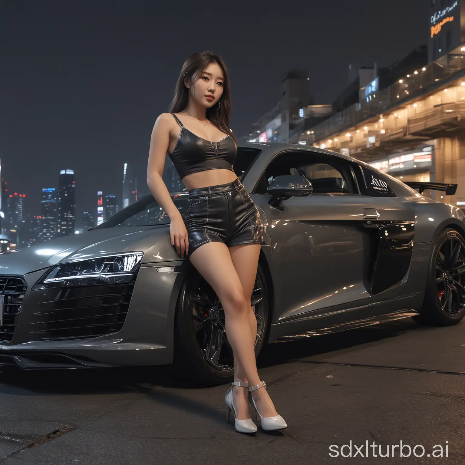 young korean girl, gorgeous face, show legs, audi r8, night, seoul, realistic, masterpiece, raytraced