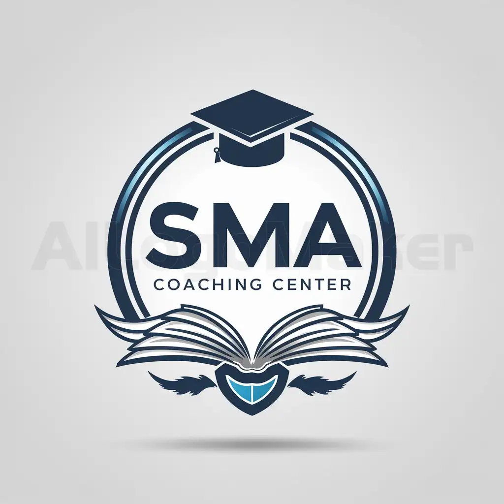 a logo design,with the text "SMA Coaching Center", main symbol: Design a circular logo featuring the words "SMA" in bold, modern lettering at its center. Incorporate a stylized mortarboard at the top of the circle. Also, include a book or a shield symbolizing education and knowledge into the design. Implement a blue and white color scheme, representing trust, knowledge, and wisdom. 📚️ SMA 📚️,complex,be used in Education industry,clear background