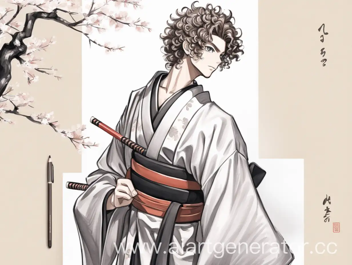 парень, высокий,кудрявый, в кимоно, с хвостом, в аниме стиле, рисунок на бумаге