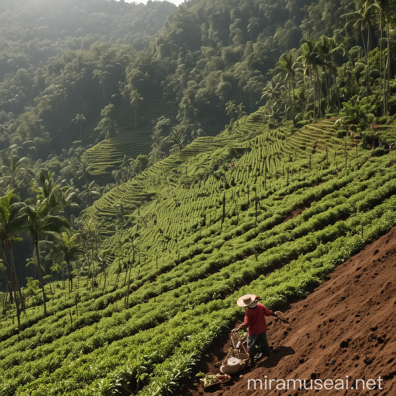 Génère un champ de café indonésien à flanc de volcan par beau temps avec des personnes travaillant à main