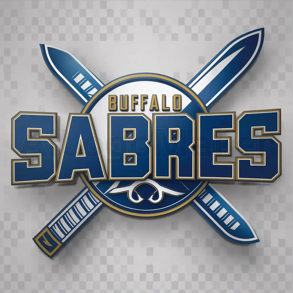 a logo design,with the text "Buffalo Sabres", main symbol:The ed wordmark 'Buffalo Sabres' in a blocky font and in blue font and a Sabres slices the wordmark.,Moderate,clear background