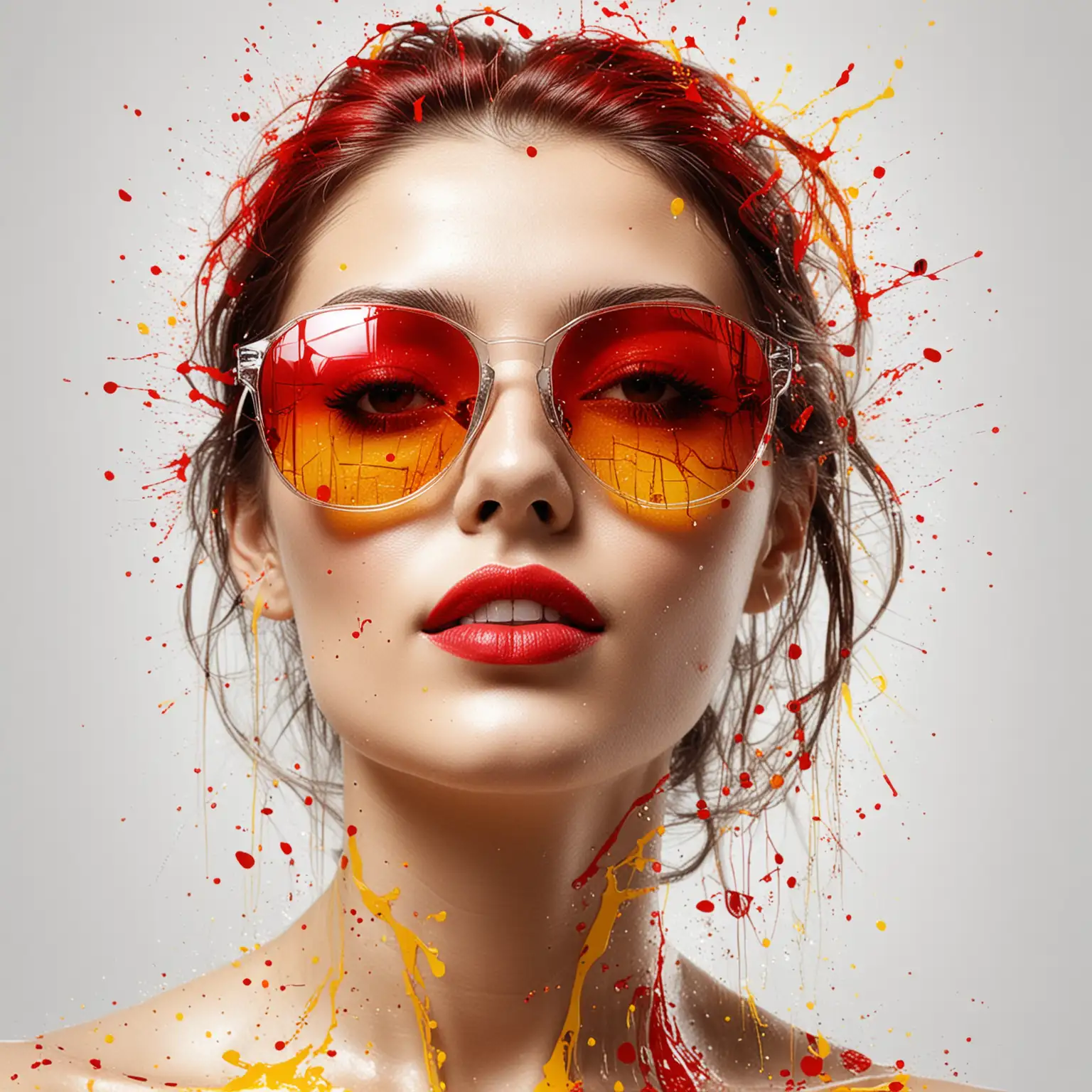 generate realistic profesional design featuring a image of a beautifull woman wearing sungalsses splitted in glass pieces . add red and yellow ink splash and lines over the design . use white  blank background
