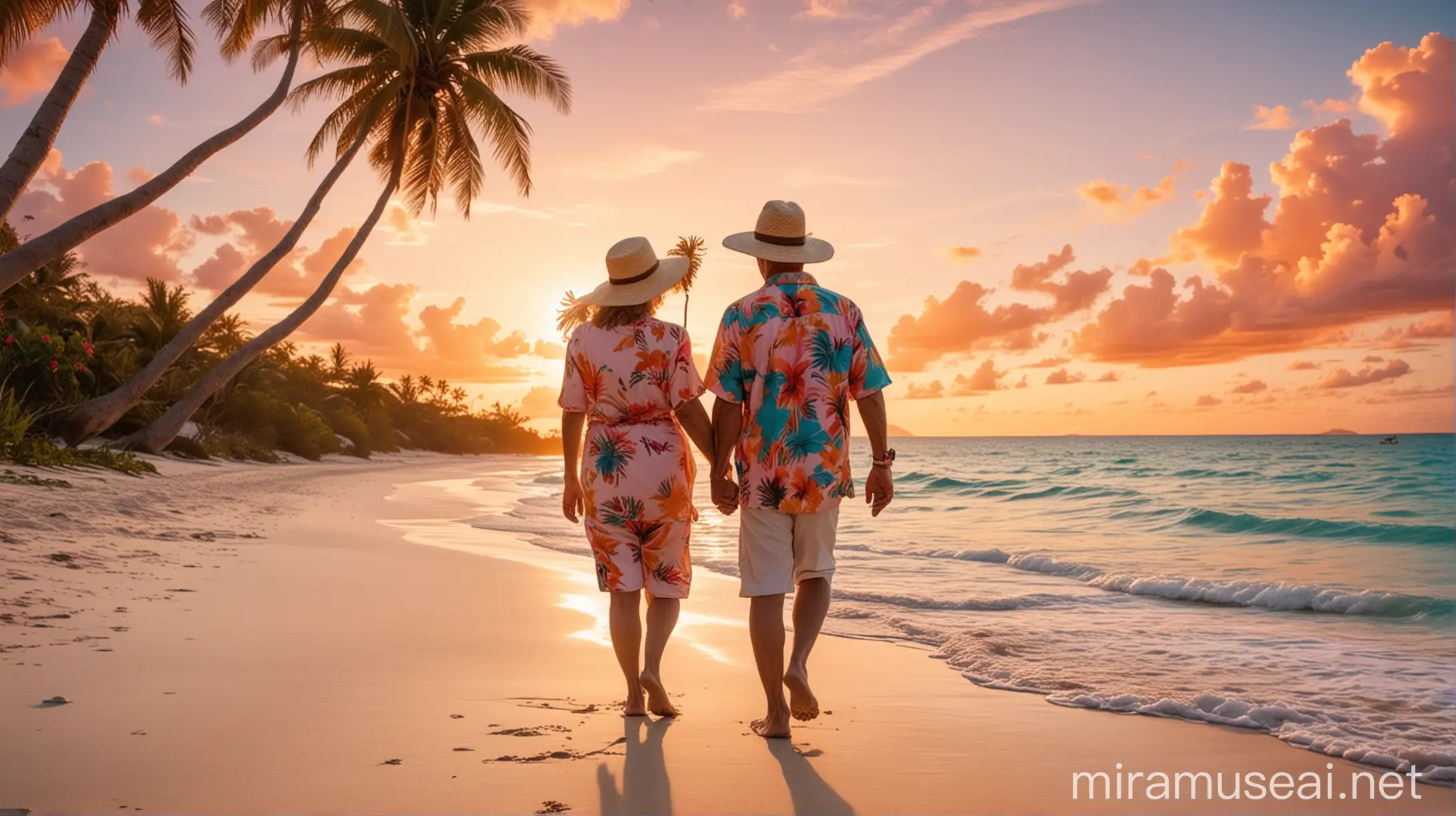 Two people of retirement age walk hand in hand on a Caribbean beach with white sand and turquoise water.The sun is setting on the horizon, coloring the sky with shades of orange and pink. Palm trees sway gently in the breeze. They are dressed in floral shirts and straw hats, each holding a tropical cocktail. The sun is setting, creating a vibrant sky. Realistic