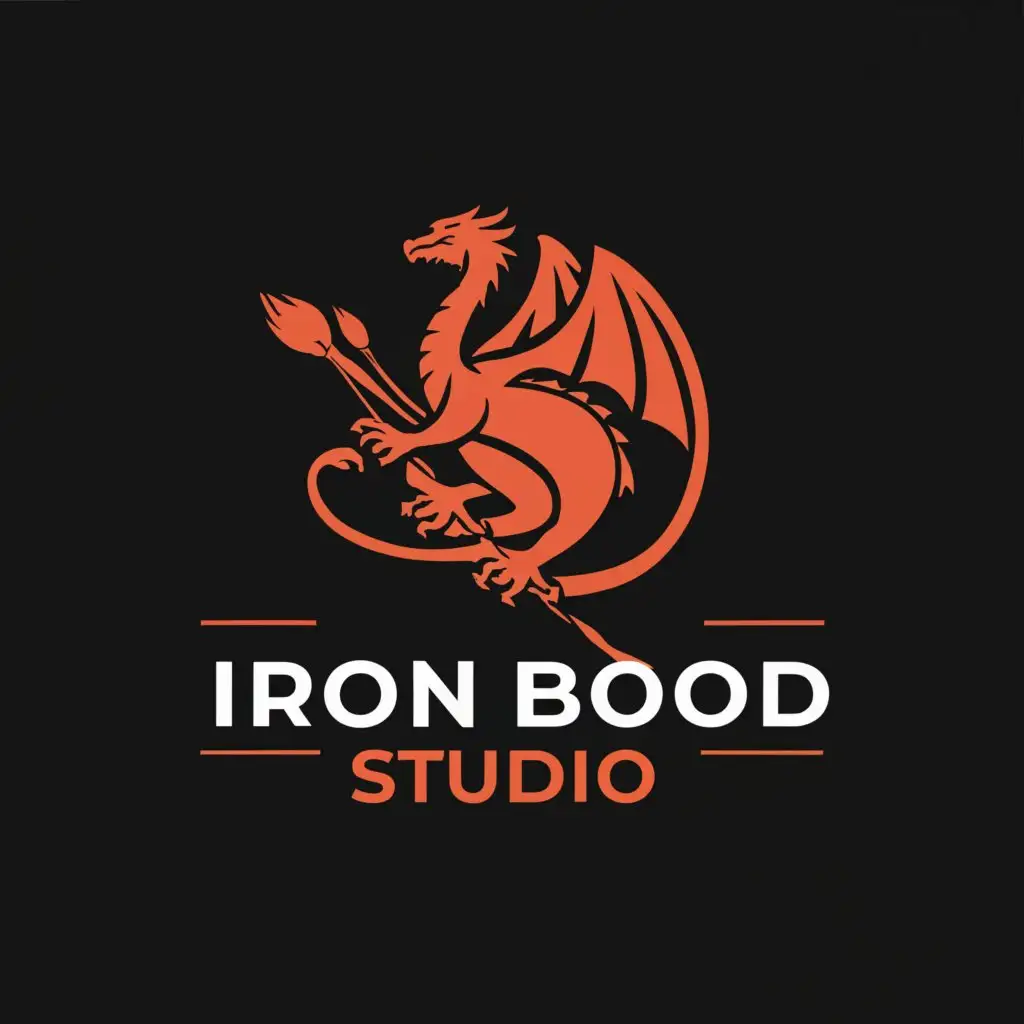 LOGO-Design-For-Iron-Blood-Studio-Minimalistic-Dragon-and-Paint-Brushes-on-Clear-Background
