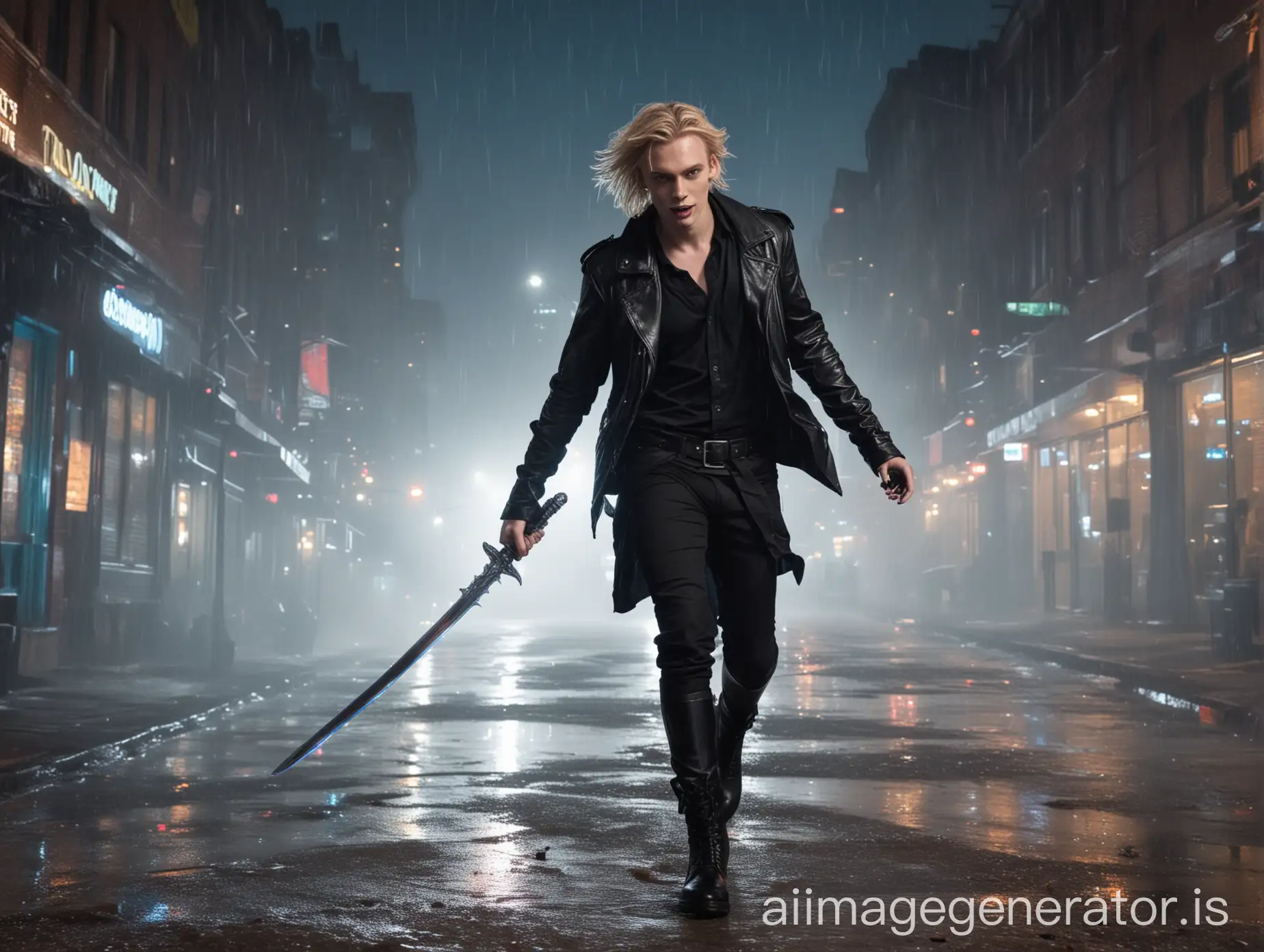 Jamie Campbell Bower face, jumping with a curved glowing glass sword in hand, beautiful bright blue eyes, platinum blonde hair, mischievous smiling face, black unbuttoned shirt chest showing, toronto city white neon nightlights, wearing black army boots, stormy clouds, foggy background, wet brickroad