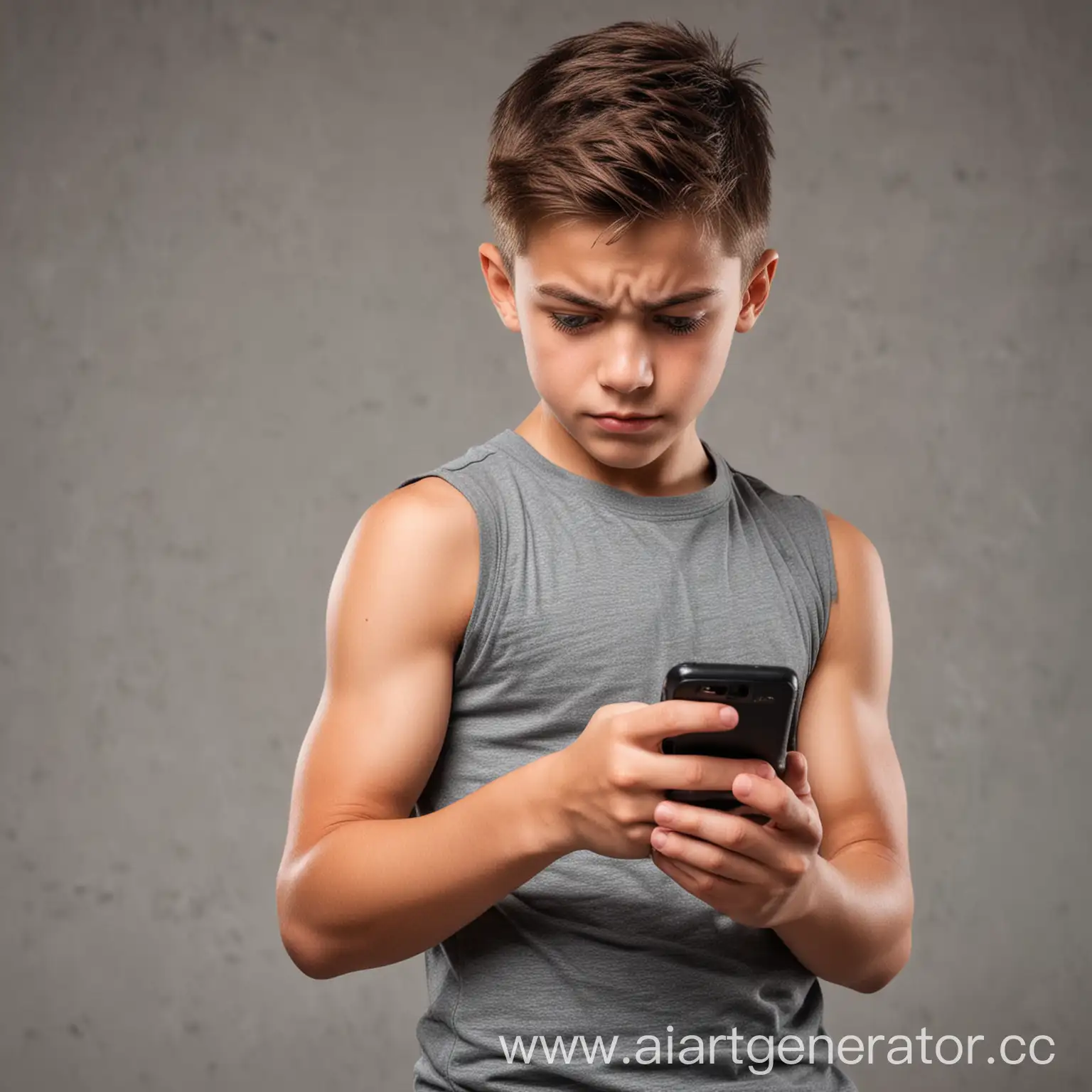 Мускулистый школьник с маленькой лобной долей агрессивно печатает в телефоне сообщение