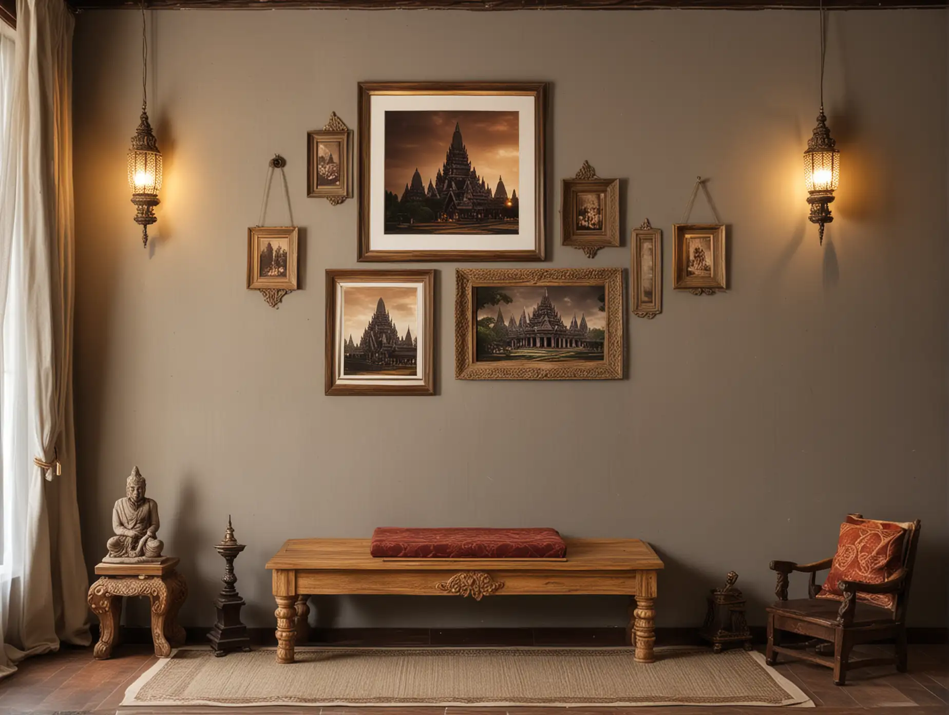A photograph prambanan temple foto frame on the wall at Javanese traditional living room, there are wooden bench, table, lamp, etc