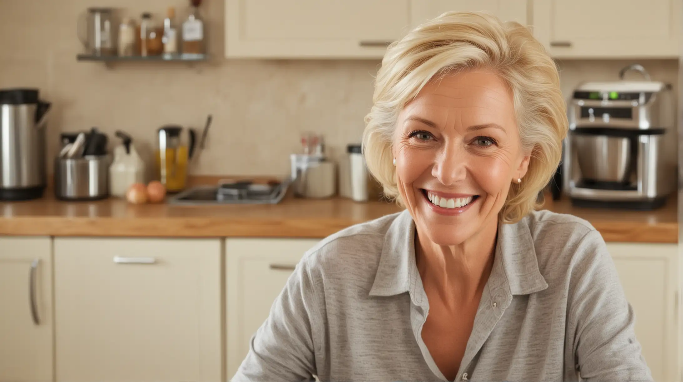 older blonde lady smiling in a kitchen