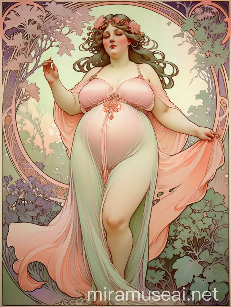 large woman in flowing clothes, surrounded by nature, style of alfons mucha, art nouveau, soft pinks, pale greens, pale purple, coral