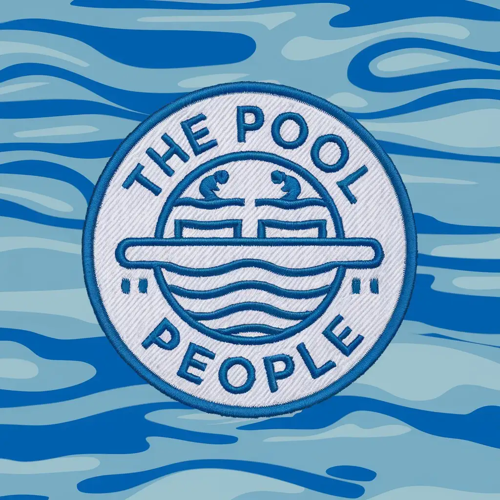 a logo design,with the text "The Pool People", main symbol:this logo is circle style. the logo design should embroidered patch and include a swimming pool theme. preferred color is blue and white,Moderate,clear background
