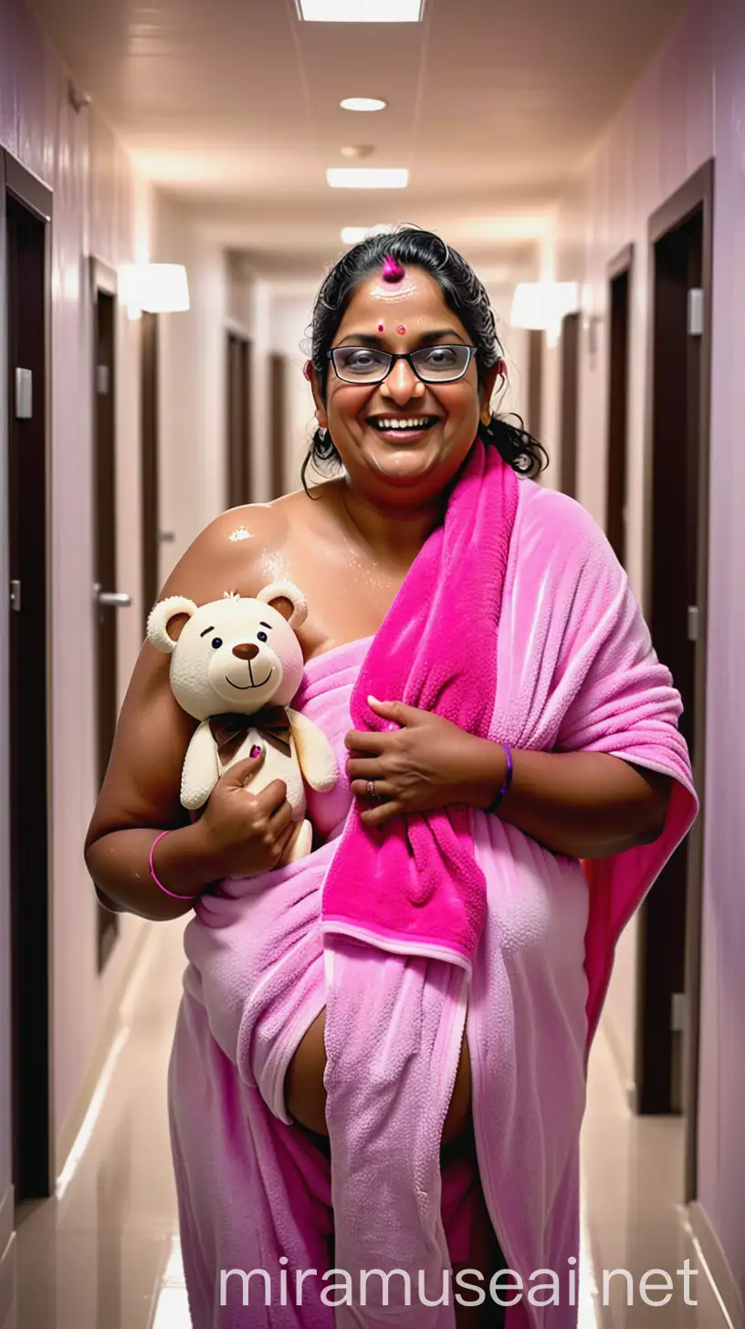 Mature Indian Woman with Face Pack and Teddy Bear in Luxurious Rainy Evening