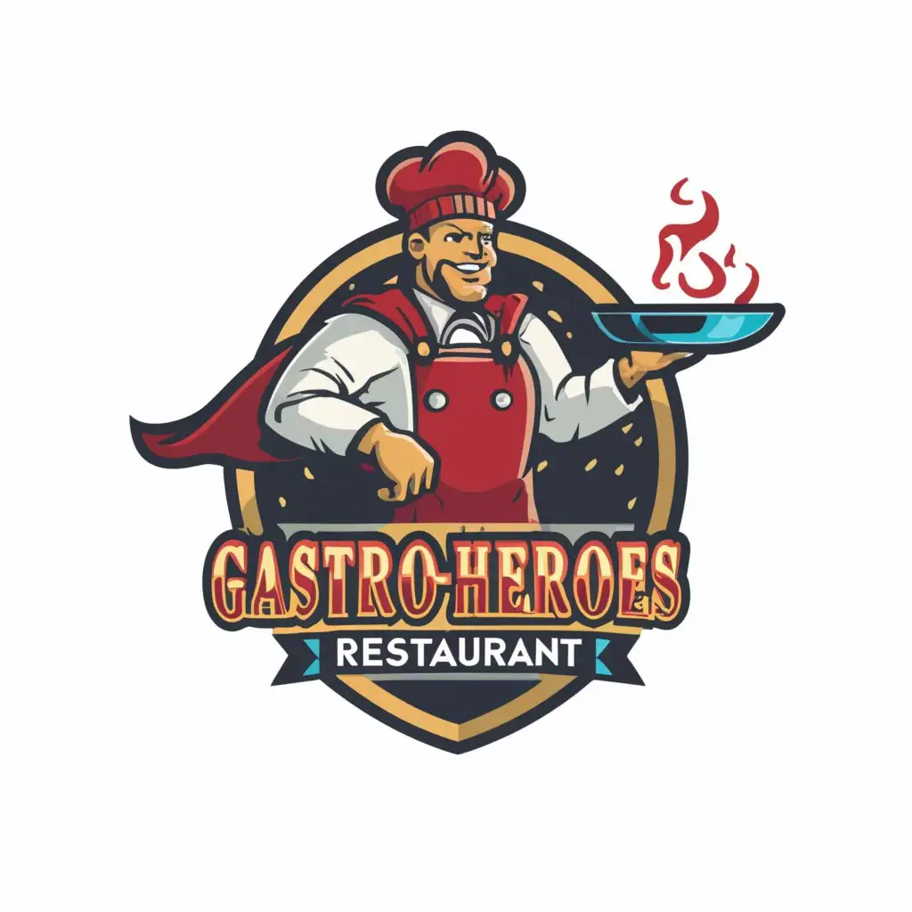 a logo design,with the text "Gastro - Heroes", main symbol:A cook wearing a superhero cape, while tossing food in a pan.,Moderate,be used in Restaurant industry,clear background