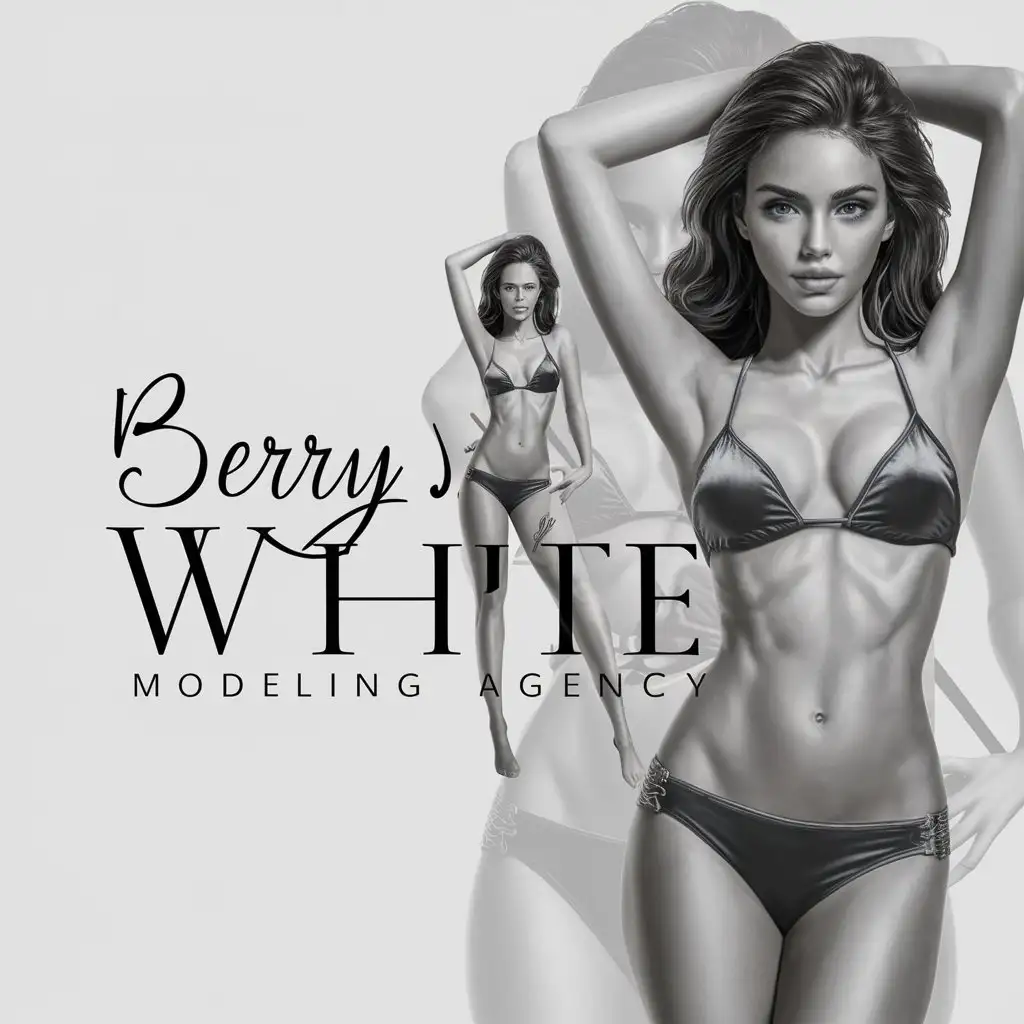 a logo design,with the text "Berry J. White Modeling Agency", main symbol:A young female standing, facing viewers, modeling posture, two piece bikini, ultra detailed, ultra realistic, realistic female.,complex,be used in Model industry,clear background