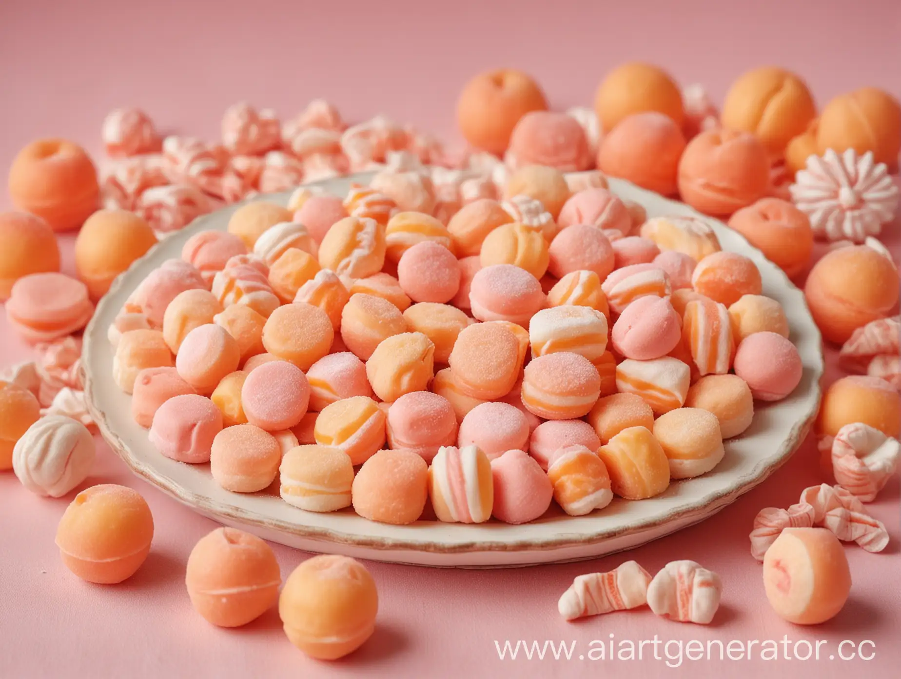 картинка на фон для презентации, пастельные тона, преобладает персиковый цвет, изображены сладости и конфеты, сладостей не очень много