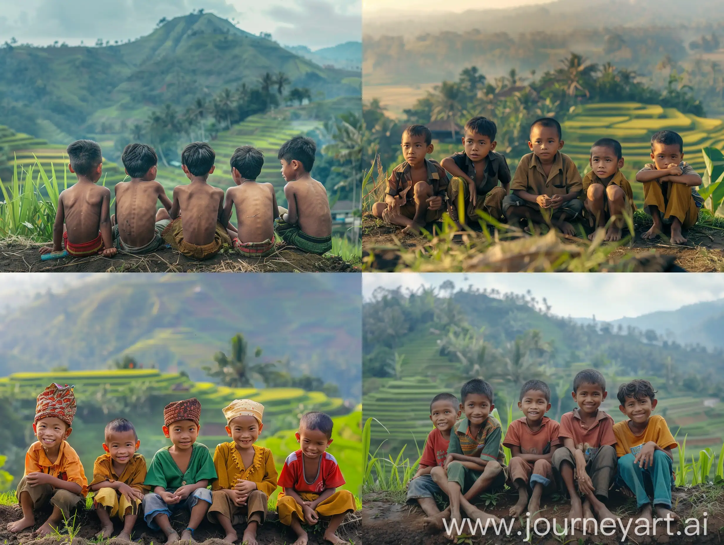 6 enam lelaki desa tamvan indonesia cilik berusia 7 tahun. Mereka berenam sedang duduk rapih diatas bukit.Dibelakangnya ada sawah dan gunung bukit indah. Leica kamera. 8K HD. sangat detail.