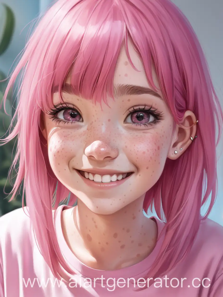 Smiling-Girl-with-Pink-Hair-and-Freckles-in-Pink-TShirt