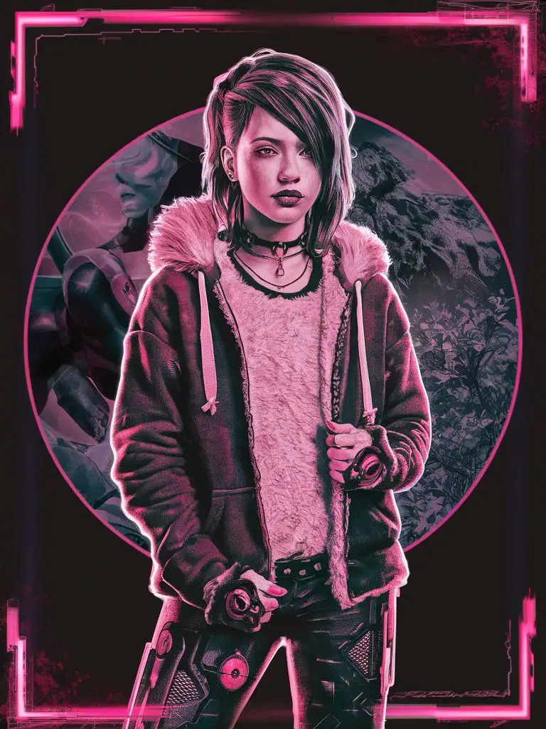 nature-image, siren teenager, fluffy-fur-trim-hoodie, choker, raver, fluffy-fleece-undershirt, hot, raver, raw image, joey king, badass filters and effects, character portrait by Adam Marczyński, a teen cyberpunk cyborg, still from alita, juno promotional image, an edgy teen assassin, neonpunk, pencil-scetch-circle-image-frame-cutoff