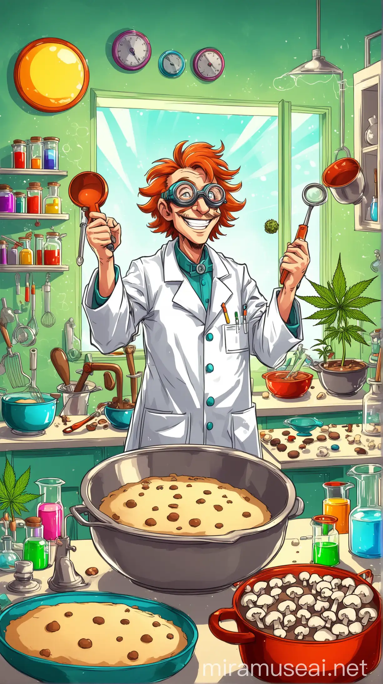 Cheerful Mad Scientist Baking Adventure with Cannabis Plants and Desserts