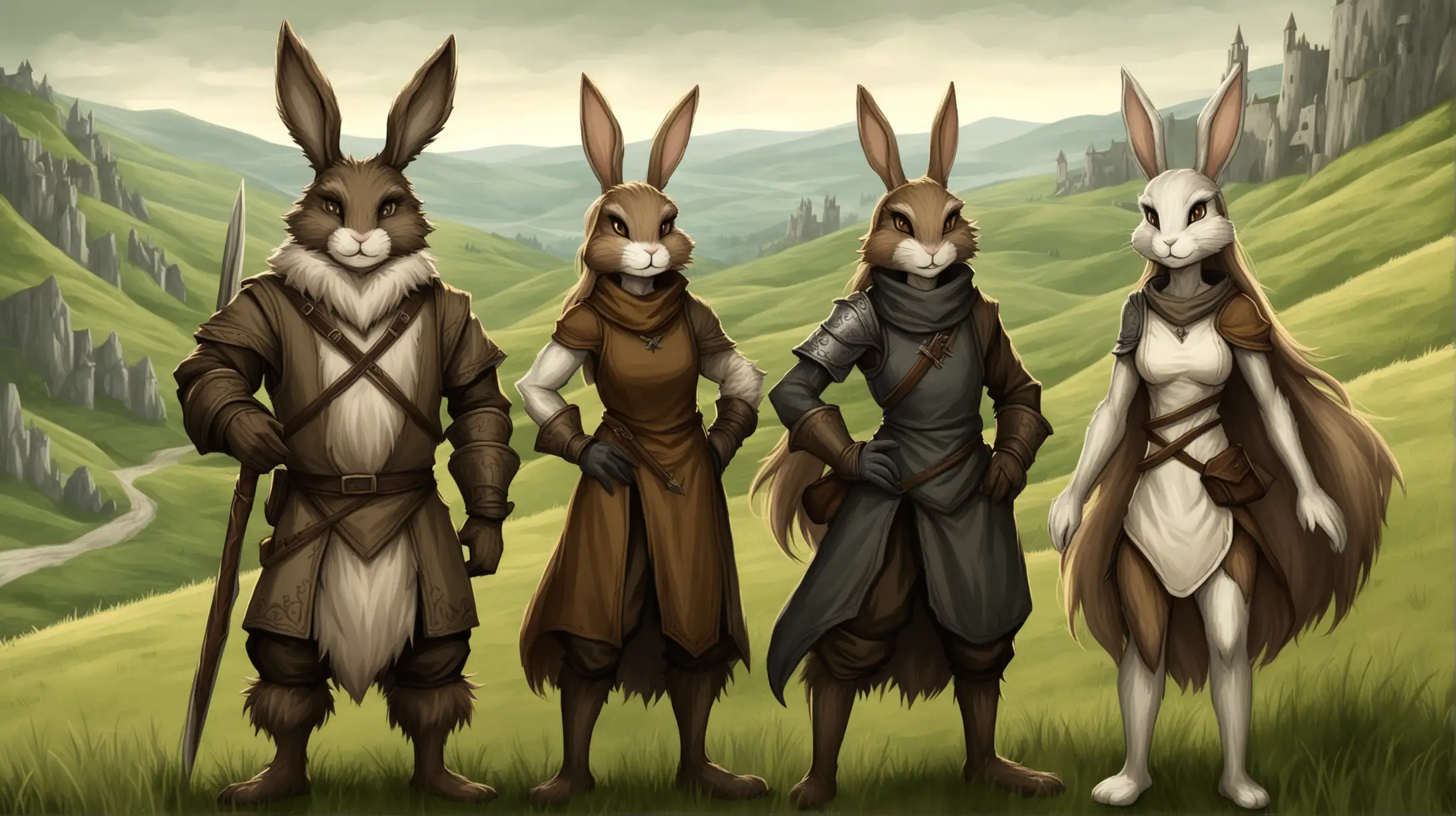 rabbit folk group, male and female, black gray white brown beige, furry, slender, lush beautiful fur, rogues and warriors, grassy hills, Medieval fantasy