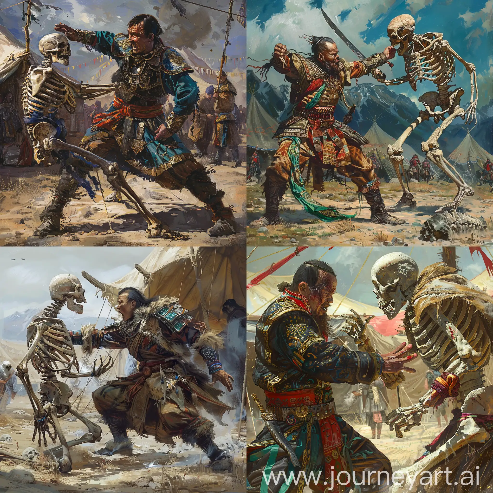 A Mongolian nomad (looking like Noyan) fighting with the skeleton of a Mongolian Khan (the skeleton has a goatee.) in front of the Mongolian tent. Dark Fantasy