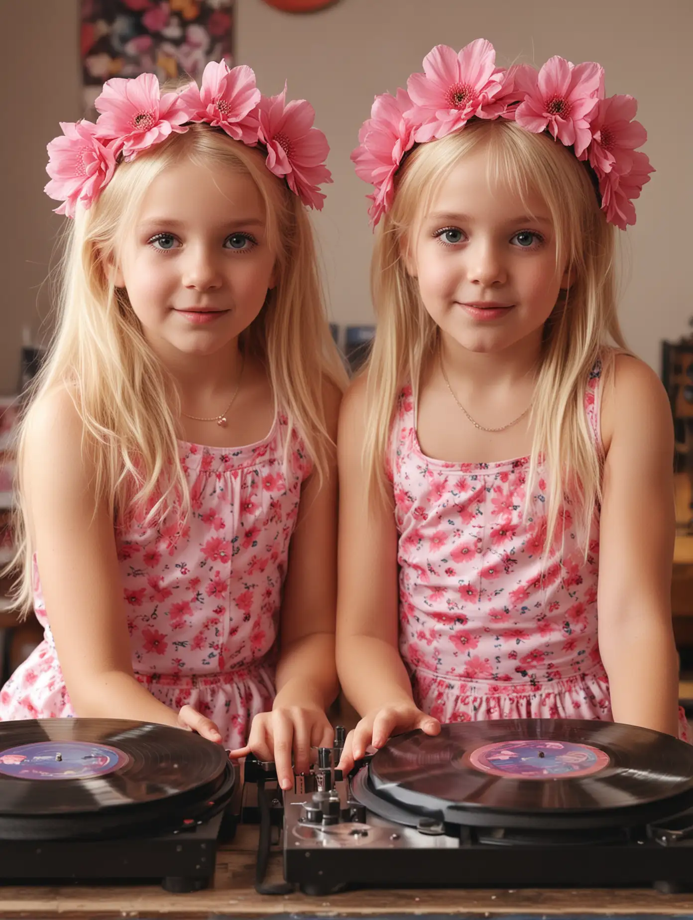 Imagine me 2 little blonde twin girls sitting on a table they listening and turning old vinyl records and looking like real deejays with a pink flower in their hair , the are looking in the camera lens and they have fun the twins are sitting in a studio from a rockstar, it looks that they playing on a huge festival
