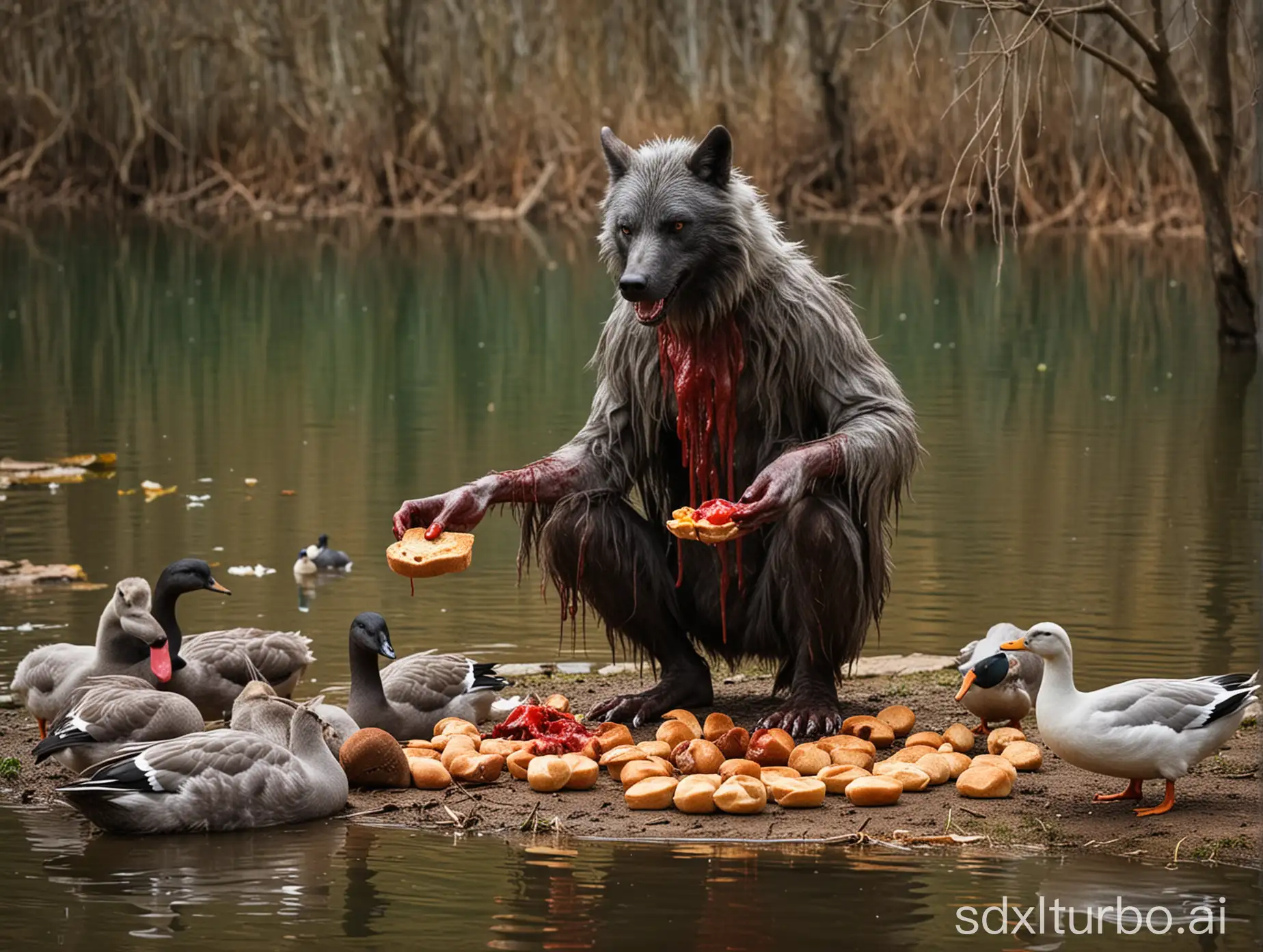 Werewolf-Feeding-Ducks-with-Bread-in-Bloodthirsty-Scene