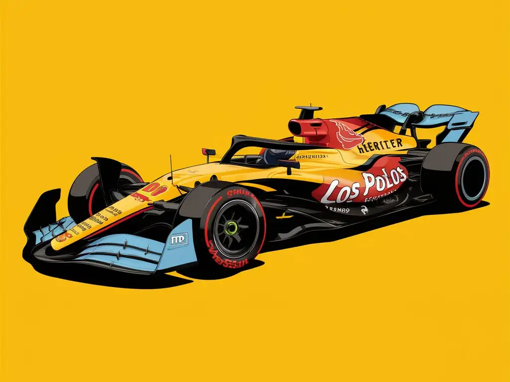 Los pollos hermanos f1 car, yellow with red and light blue and white sponsors only , sponsored by a chicken restaurant.