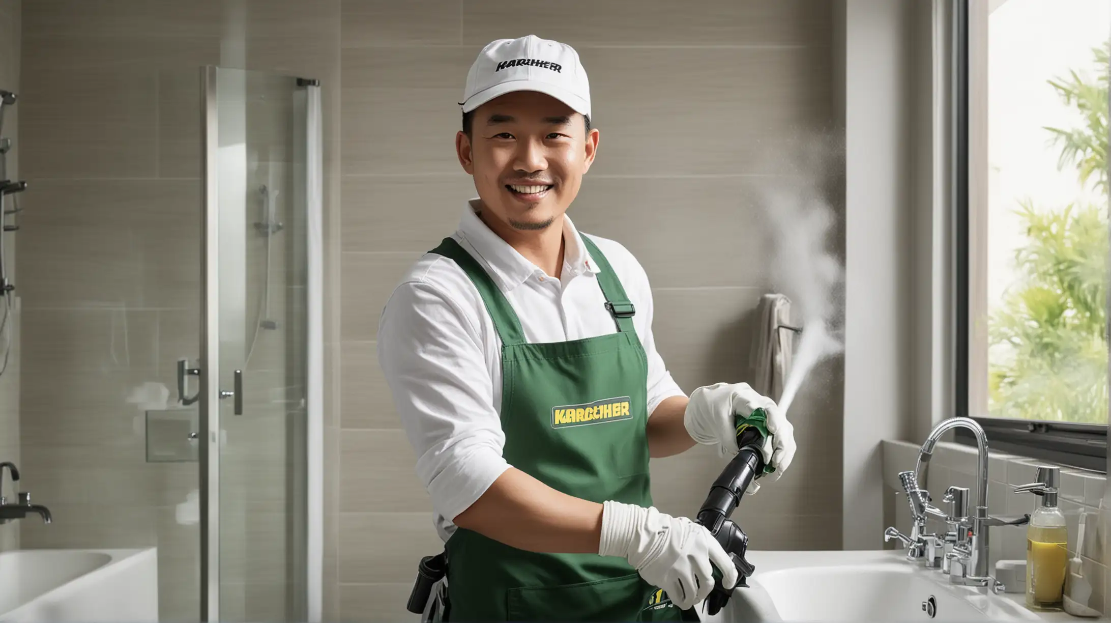 Chinese Butler Smiling with Karcher Steam Cleaner in Bathroom