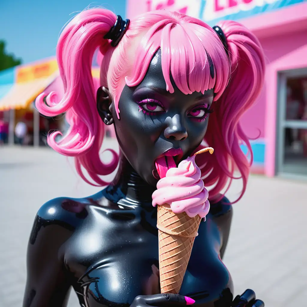 Латексная девушка с черной латексной кожей с розовыми латексными волосами ест мороженное