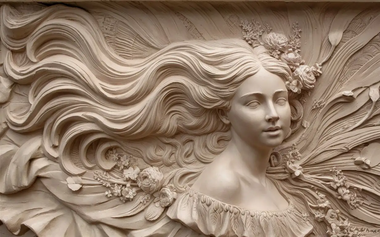 Voluminous-Background-Depicts-Young-Woman-with-Flowing-Hair-in-BasRelief-Plaster