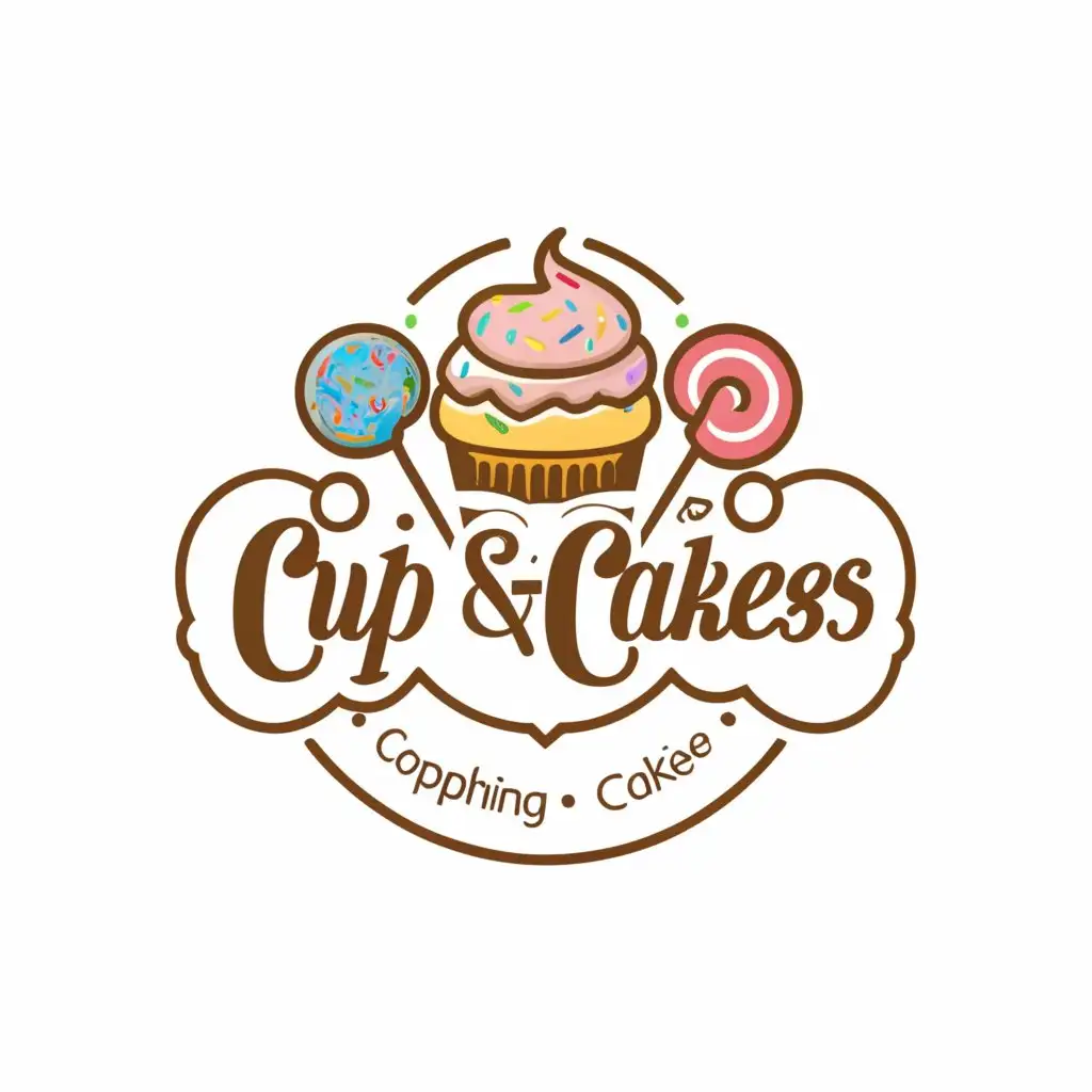 a logo design,with the text "Е’s Cup&Cakes", main symbol:🍬🍩🍪🍦🍭🍫🍰🧁🍫🧁🍩🍩,complex,clear background