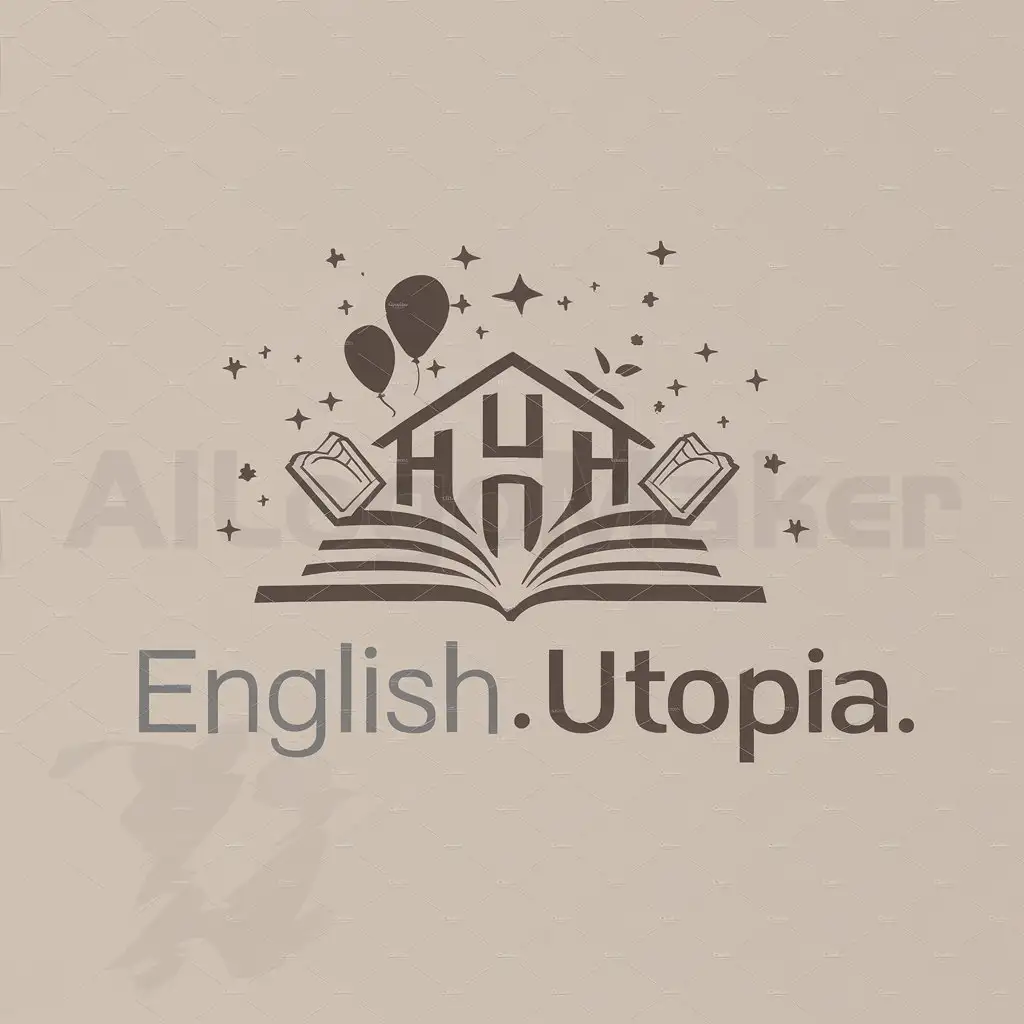 a logo design,with the text "English.Utopia", main symbol:utopia, house, balloons, stars, books,Moderate,be used in Education industry,clear background