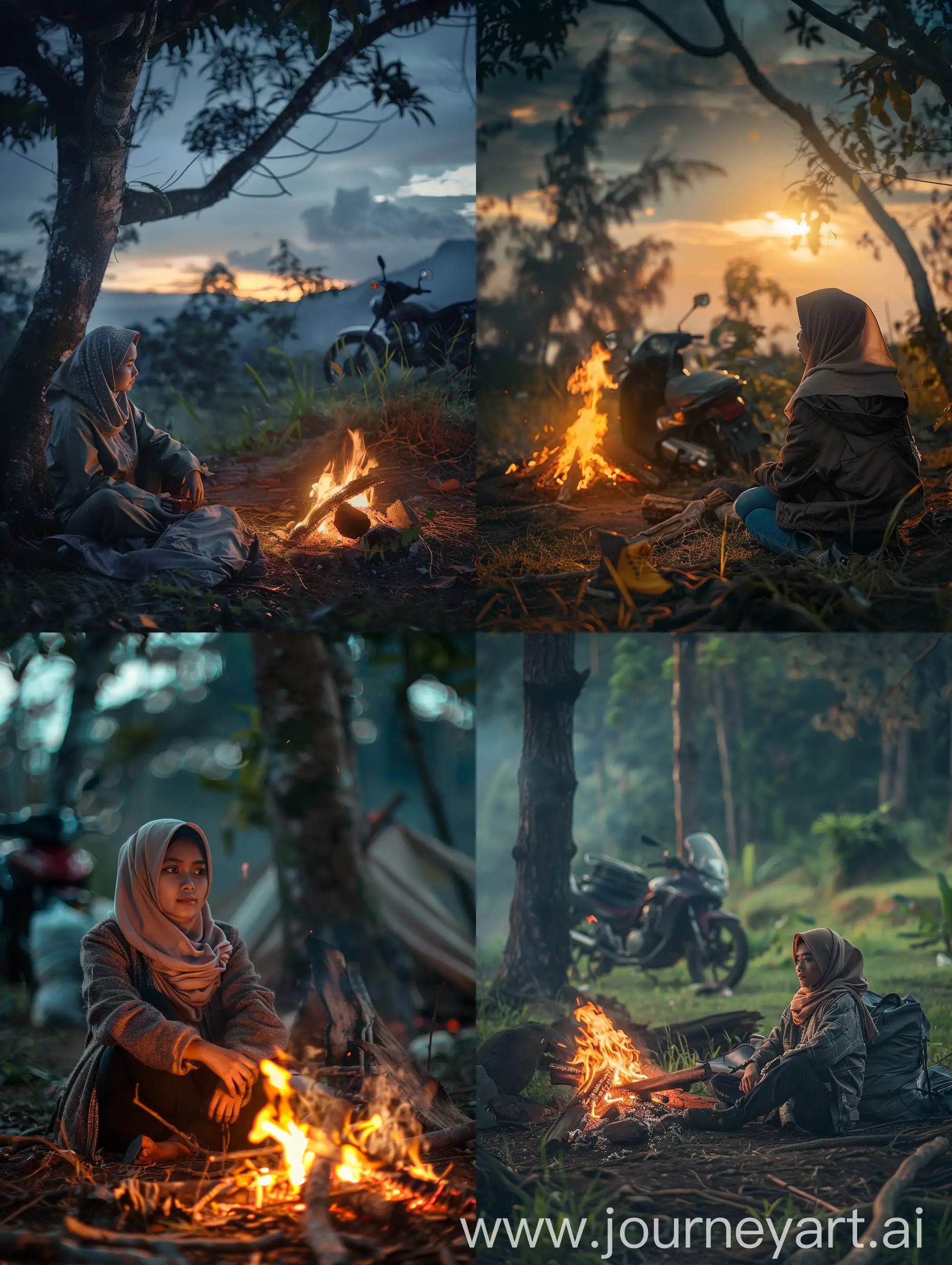 Indonesian-Javanese-Hijab-Woman-Sitting-Near-Campfire-at-Sunset-with-Harley-Motorbike