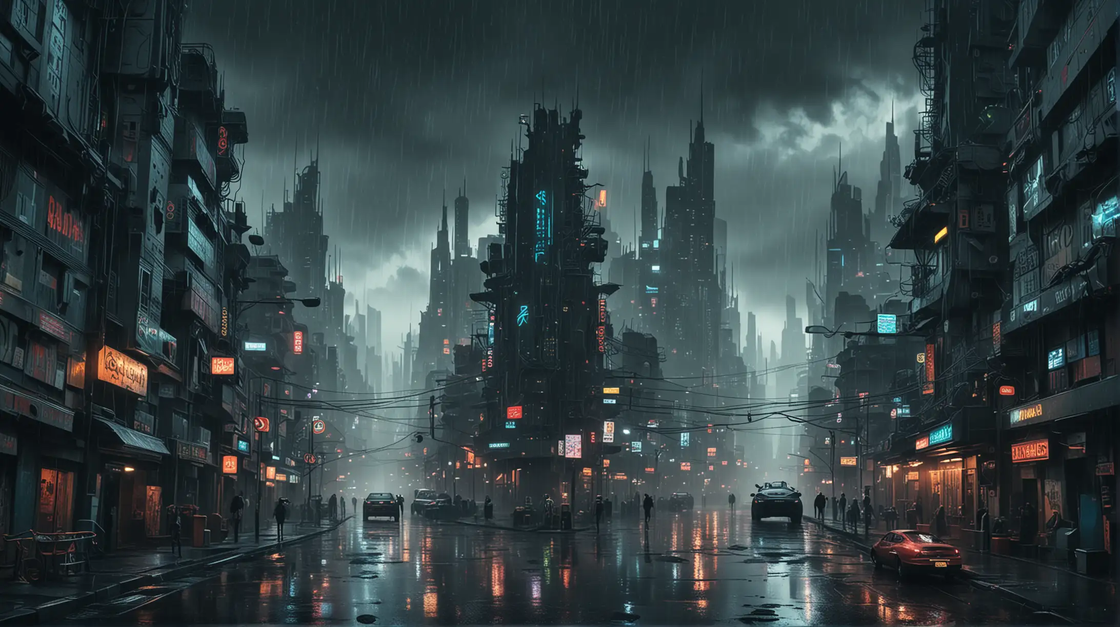the psychodelic cityscape of a futuristic city, completely dark, light fog and rain