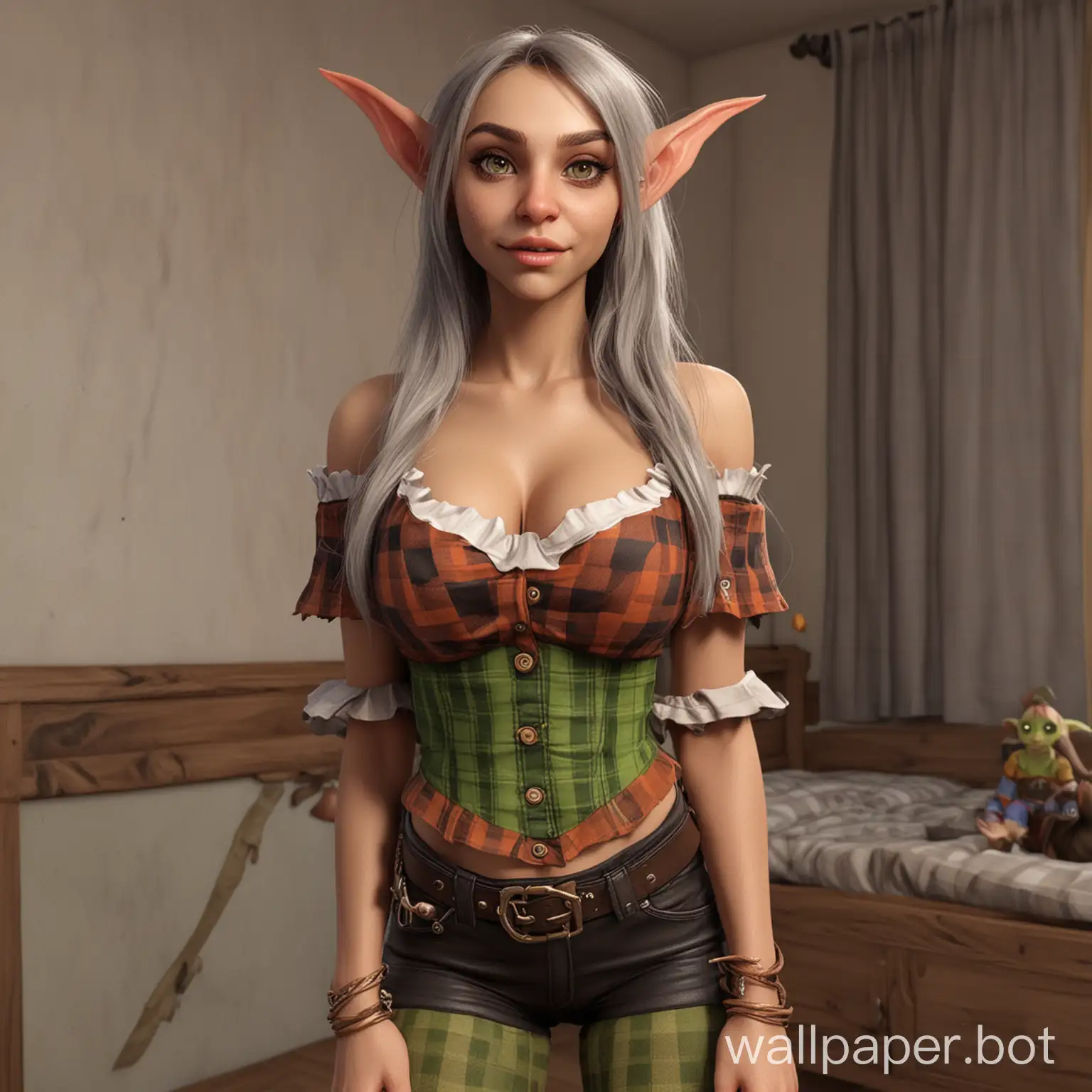 (world of warcraft, in a realistic style,)
(Girl 25 years old, hybrid: elf-goblin)
(Build: medium weight, flesh-colored skin, large mouth, full lips, big nose)
 (Female more big breasts 4 times)
(Clothing: In a checkered shirt, in leggings)
(Location: In an apartment)
(Action: Selfie)