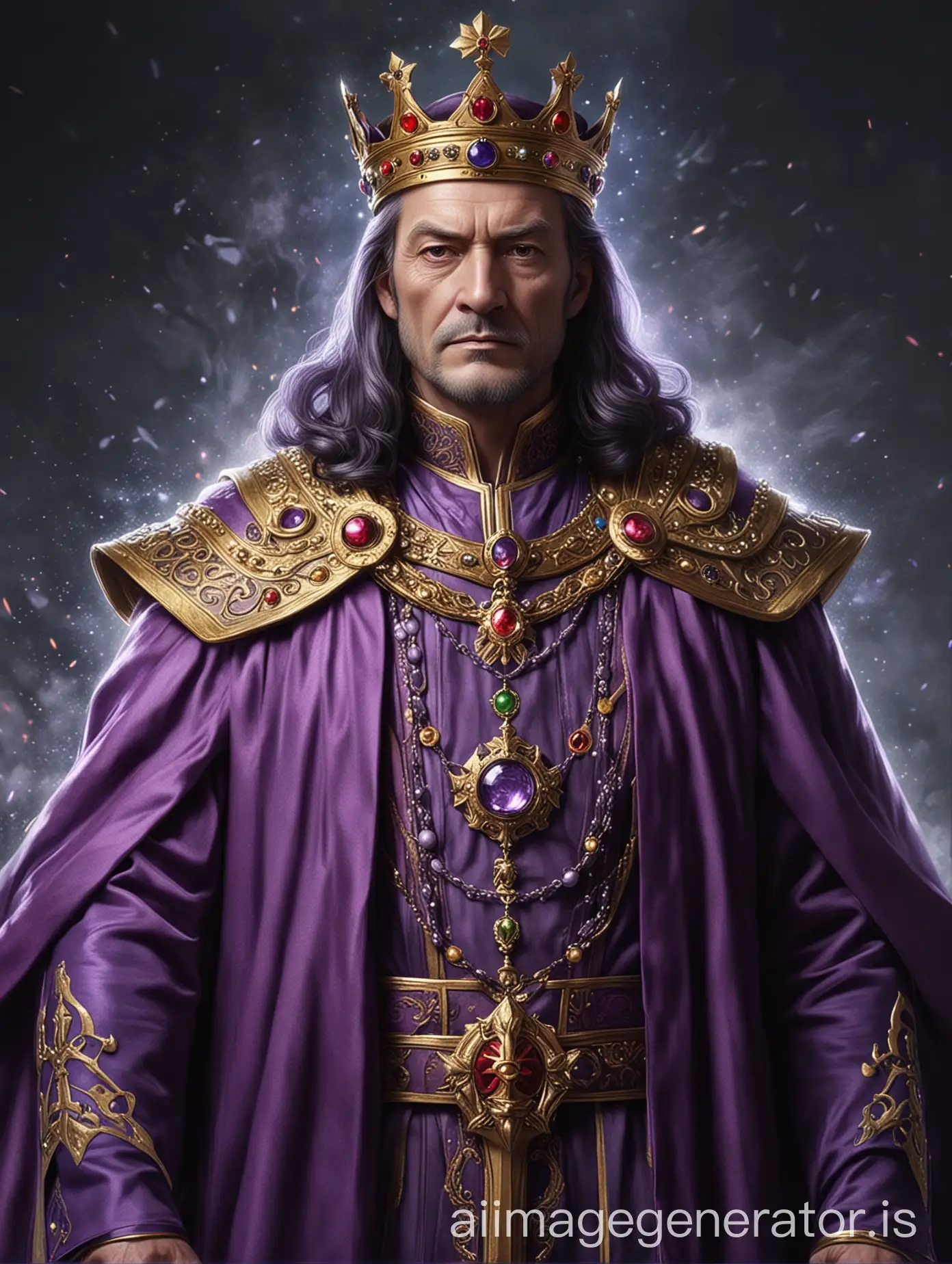 the emperor in purple robes and with crown who is a legend of his time and is from the order of the defenders of the universe