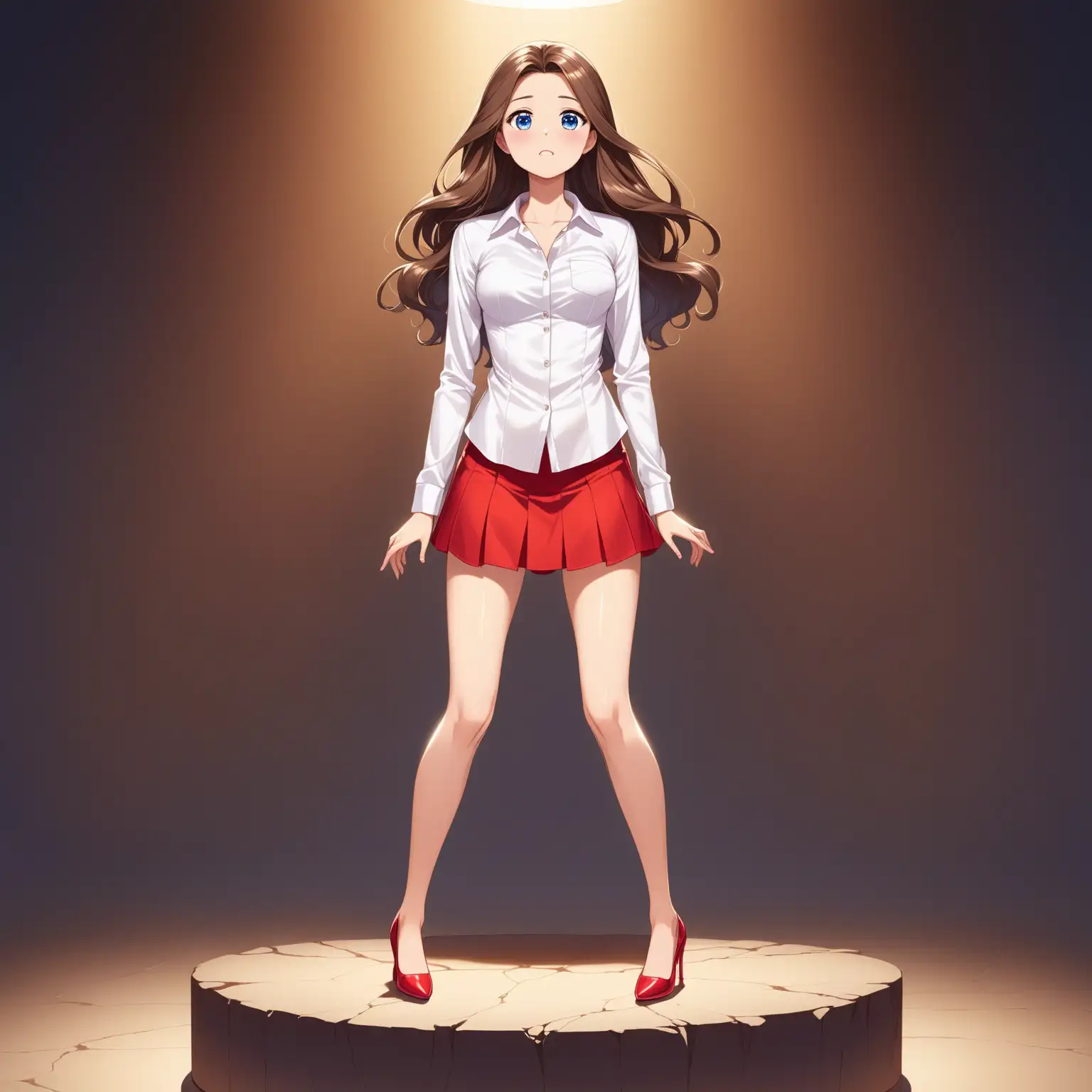 Dynamic front view, full body, in a room with dimmed light, a woman standing on a pedestal in the middle of the room, arms against the body, Skipper from Barbie 18 years old, measuring 165 cm and weighing 54 kg slim, blue eyes, long wavy brown hair, G cup breasts, petrified gaze with an expression of ecstasy, Ivory satin stretch shirt with long sleeves and short skirt in vibrant red linen and red high heels