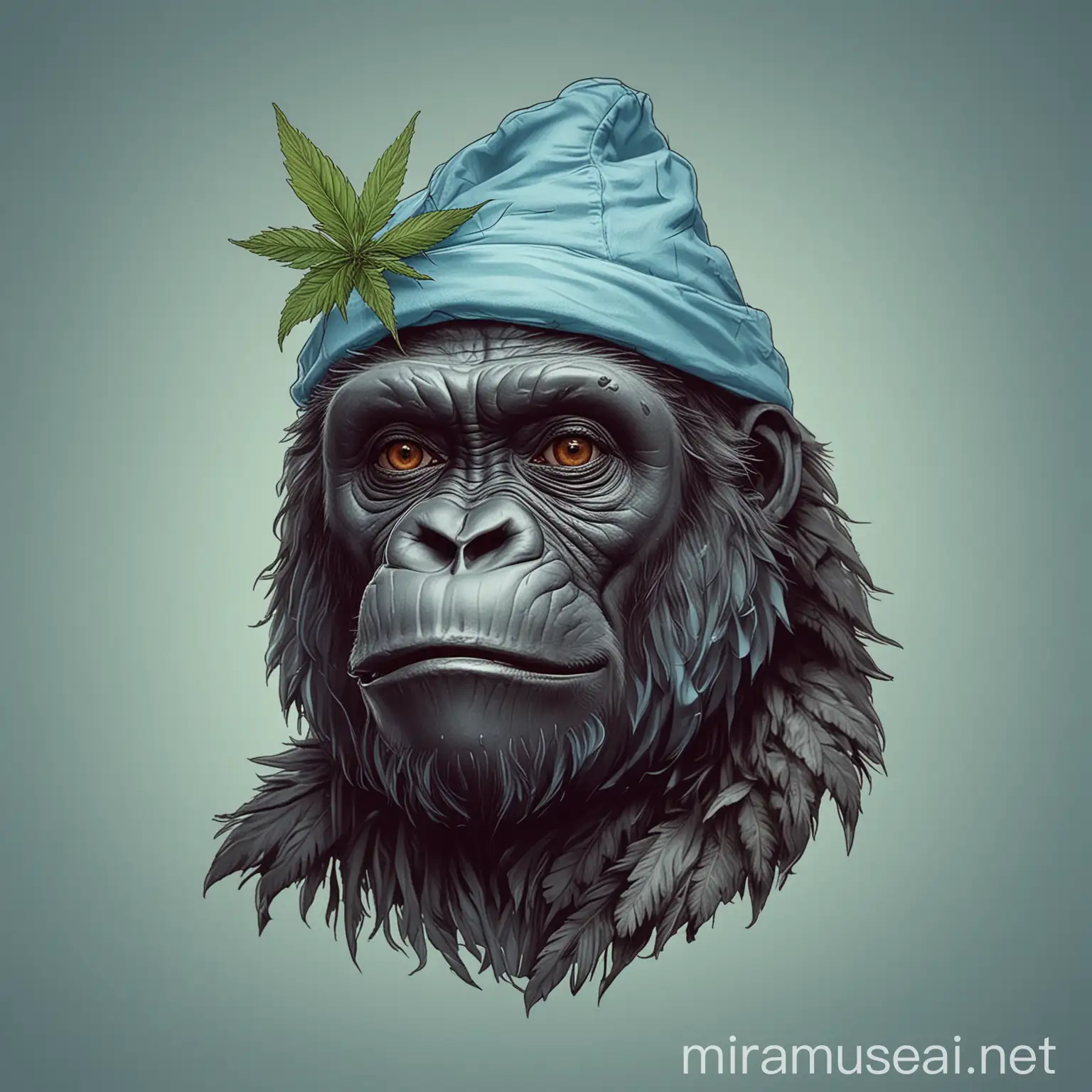 Gorilla Head on Marijuana Leaf Background in Light Blue