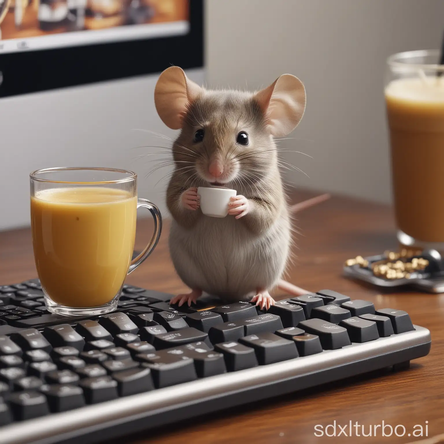 kleine maus arbeitet auf einer tastatur und trinkt kaffee, im menschlicher form, 4k 